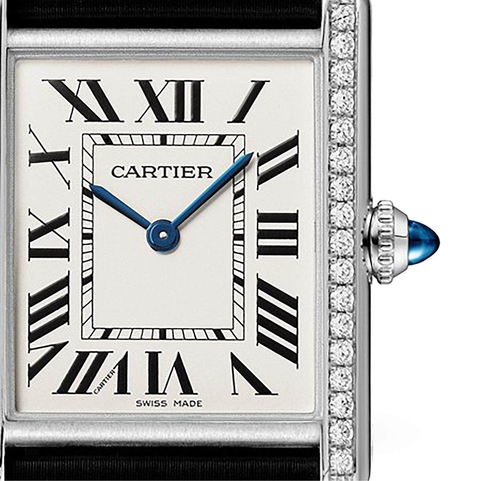 The Cartier Tank Must de Cartier features Roman numeral markers, blue hands, a diamond bezel, and a blue cabochon crown; it runs on precise quartz movement.