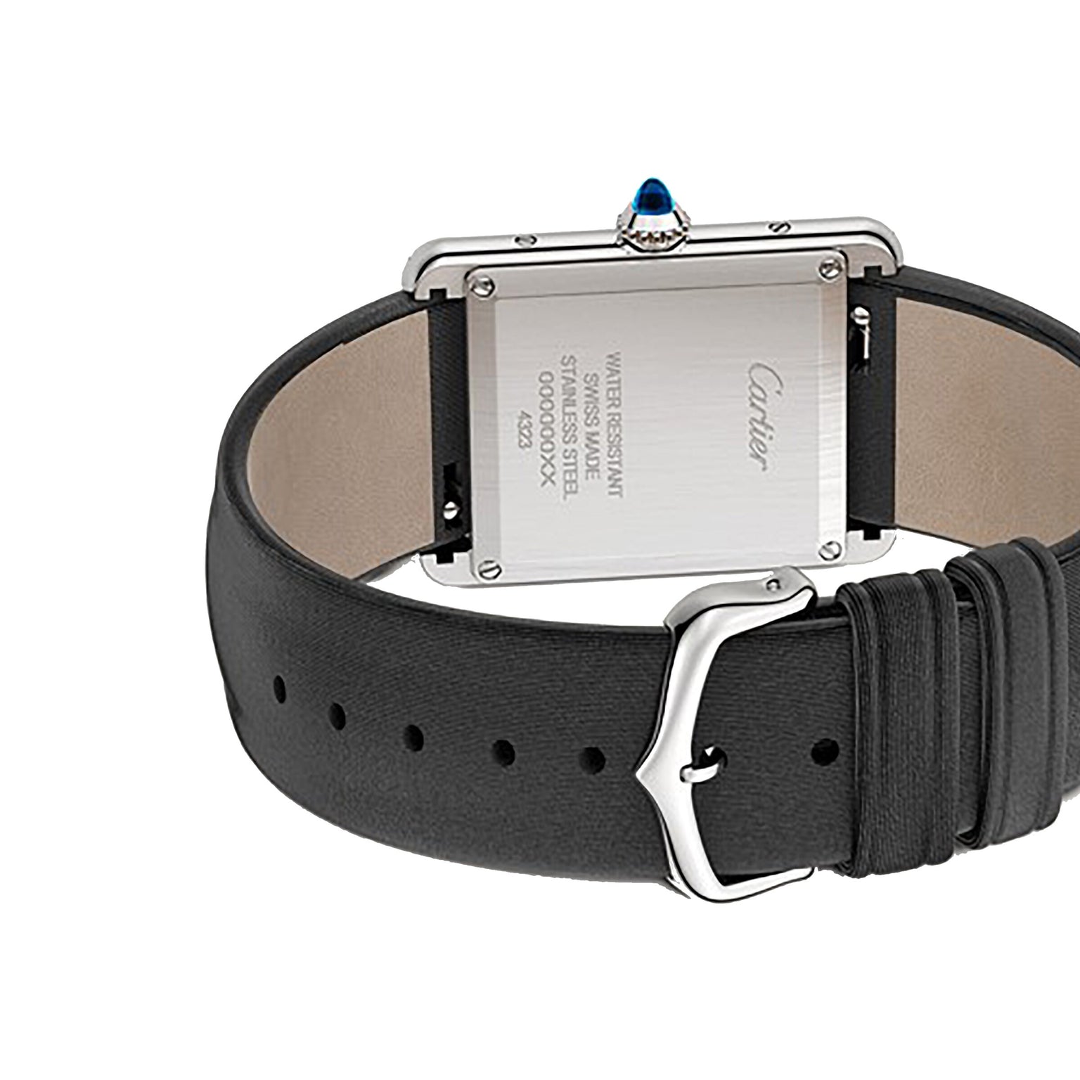 Back view of the Tank Must de Cartier watch by Cartier, featuring a black leather strap, stainless steel case, water resistance details, quartz movement, and the signature Cartier logo.