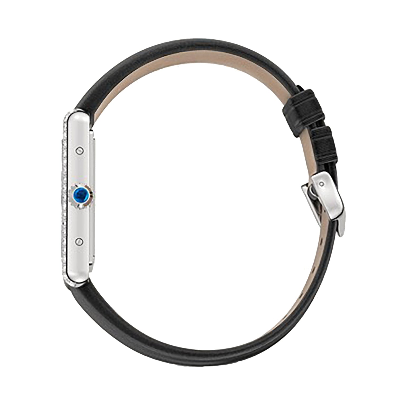 Side view of a Cartier Tank Must de Cartier watch with black leather strap, silver case, blue gemstone on the crown, and quartz movement, shown against a white background.