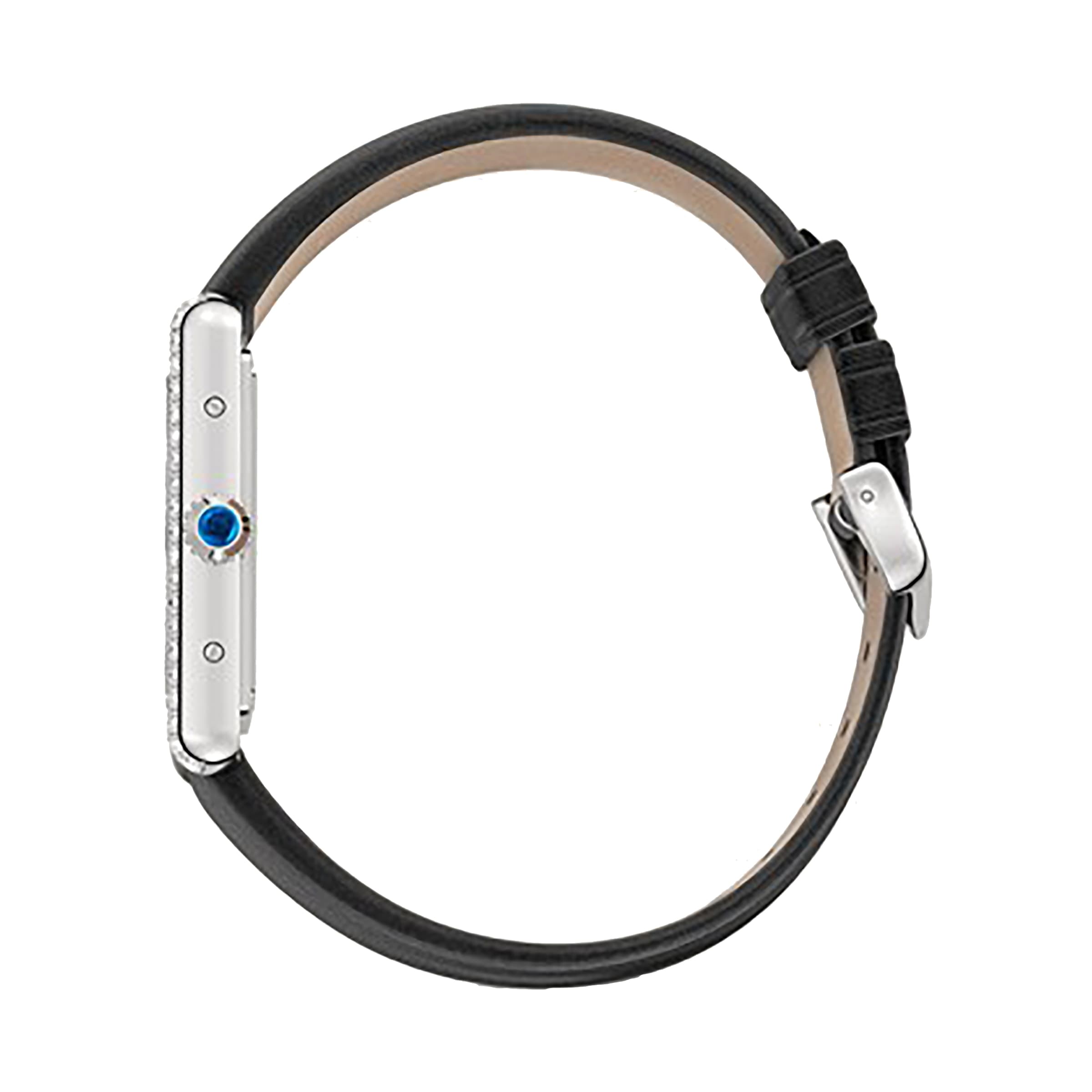 Side view of a Cartier Tank Must de Cartier watch with black leather strap, silver case, blue gemstone on the crown, and quartz movement, shown against a white background.