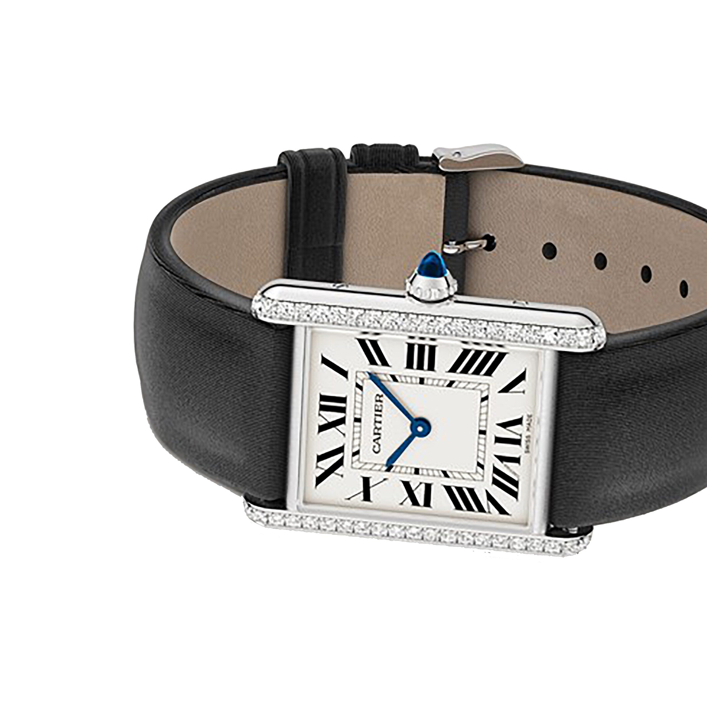 The Cartier Tank Must de Cartier features a square silver case, white dial with Roman numerals, blue hands, quartz movement, and a black leather strap.