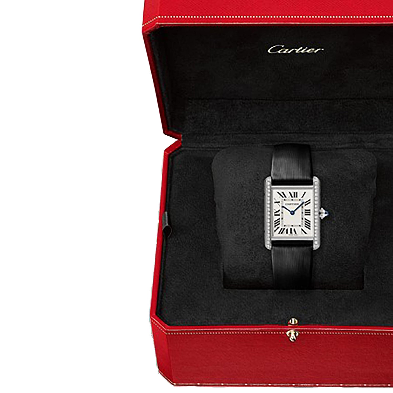 A Cartier Tank Must de Cartier watch with a diamond bezel and black strap is displayed in an open red Cartier box lined with black fabric.