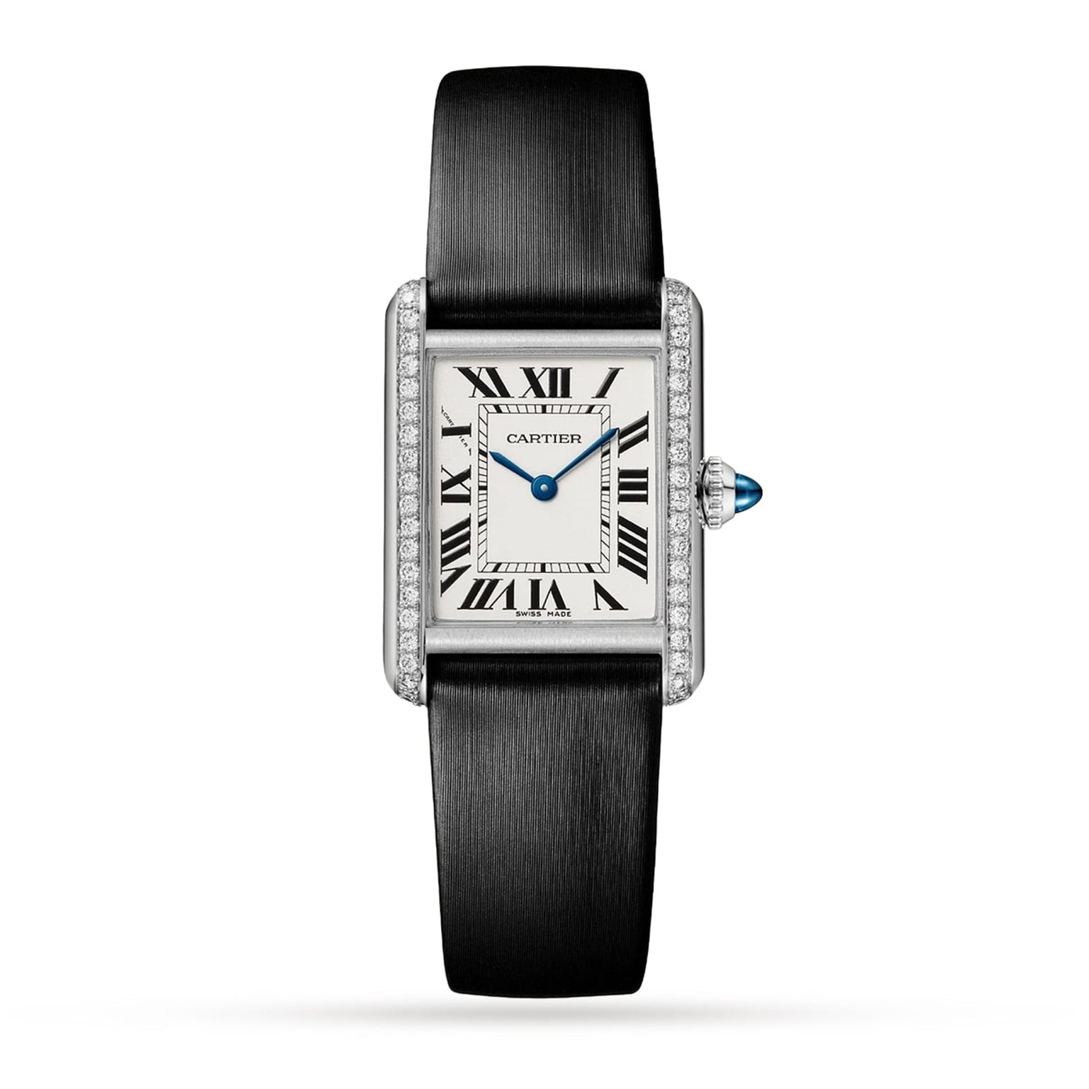 The Cartier Tank Must de Cartier wristwatch features a rectangular steel case, black strap, diamond-set bezel, white dial with black Roman numerals, and blue hands.