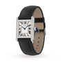 The Cartier Tank Must de Cartier is a rectangular wristwatch with a steel case, white dial, black Roman numerals, blue hands, diamond-studded sides, and a black leather strap.