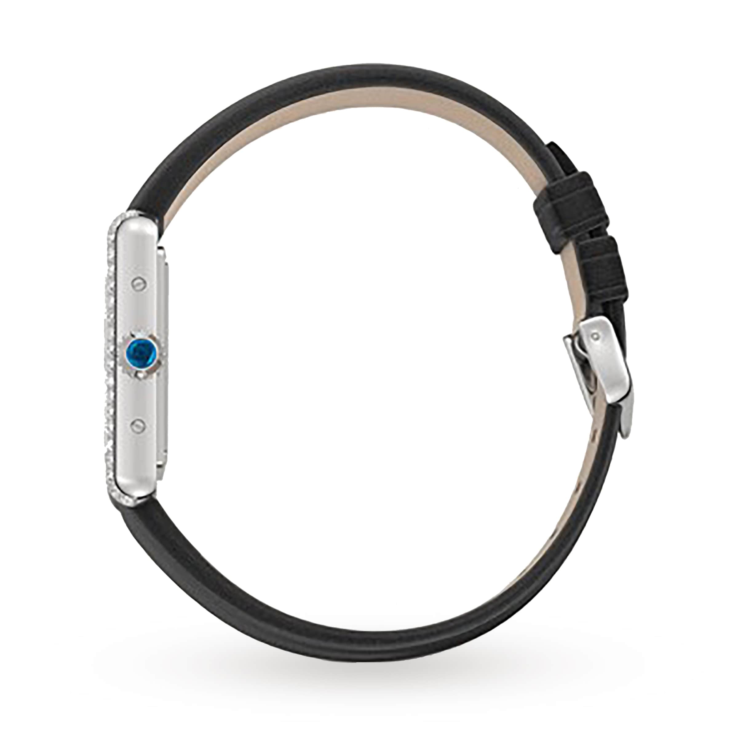 Tank Must de Cartier wristwatch by Cartier, featuring a sleek steel case, black leather strap, and blue crown. Shown from the side against a white background; the water-resistant design combines elegance and everyday durability.