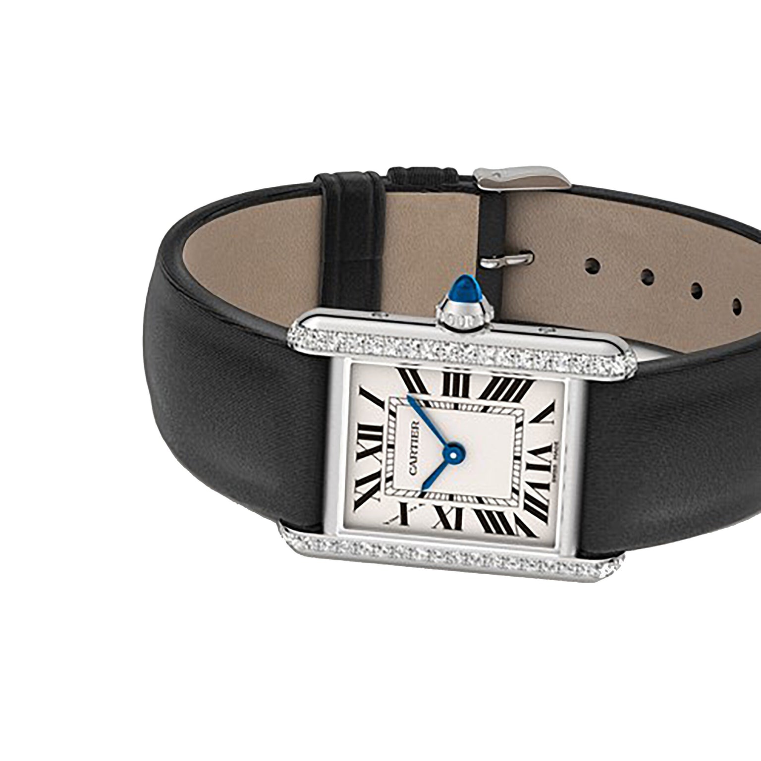 The Cartier Tank Must de Cartier wristwatch features a polished steel case, white dial with black Roman numerals, blue hands, and a black leather strap, elegantly displayed on a white background.