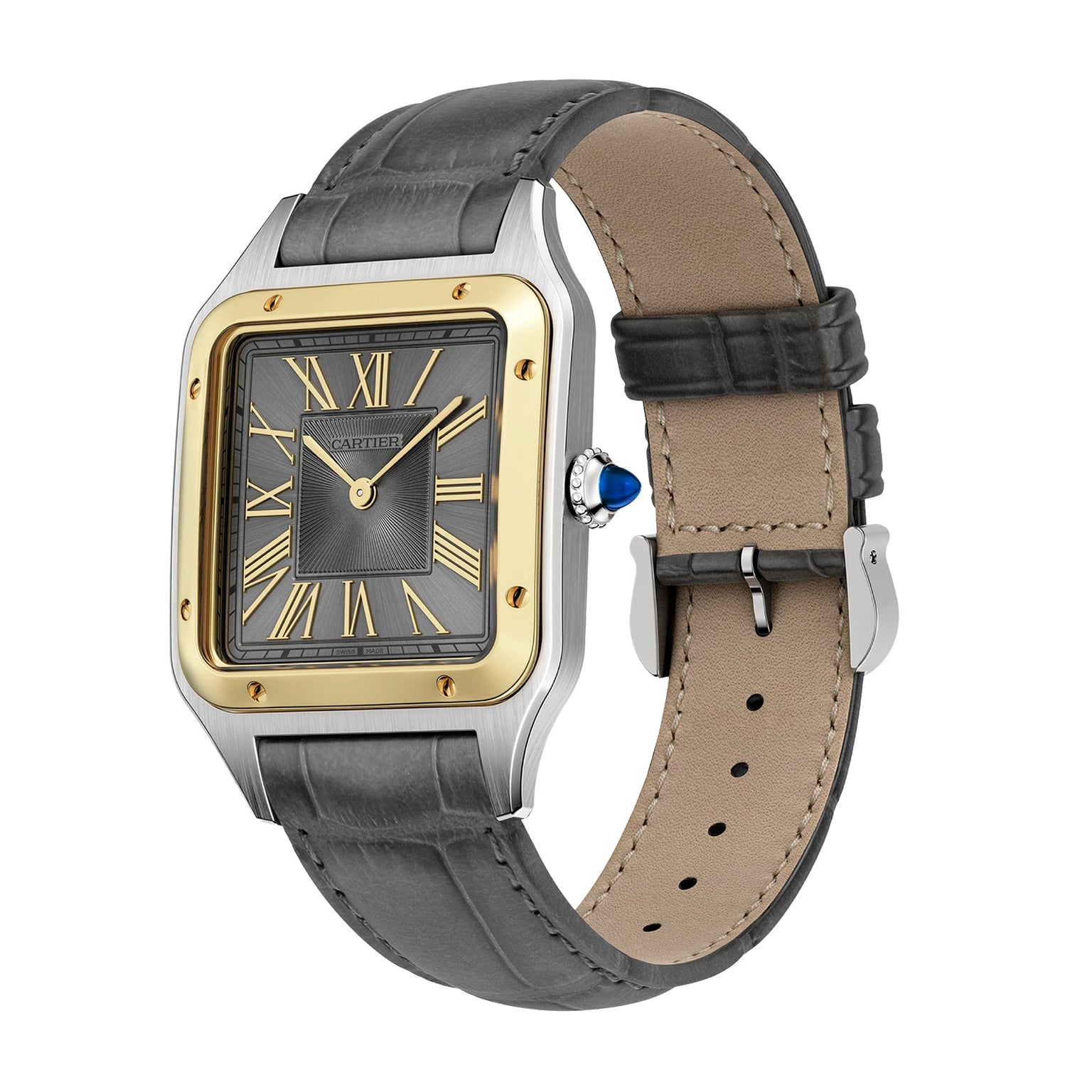The Cartier Santos-Dumont luxury watch features a square gray face, 18K yellow gold bezel, Roman numerals, leather strap, and a blue gem on the crown, all displayed at an angle on a white background.
