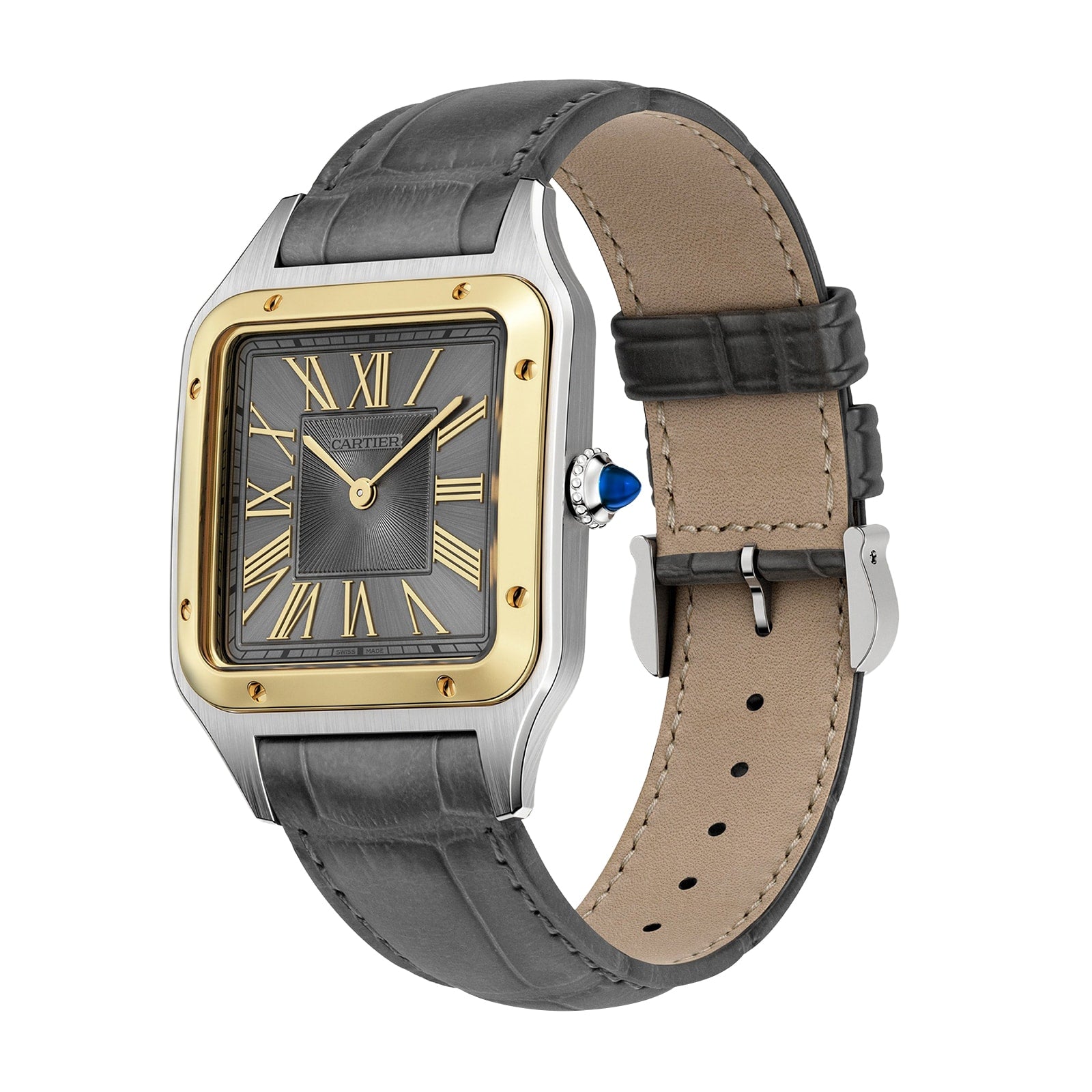 The Cartier Santos-Dumont luxury watch features a square gray face, 18K yellow gold bezel, Roman numerals, leather strap, and a blue gem on the crown, all displayed at an angle on a white background.