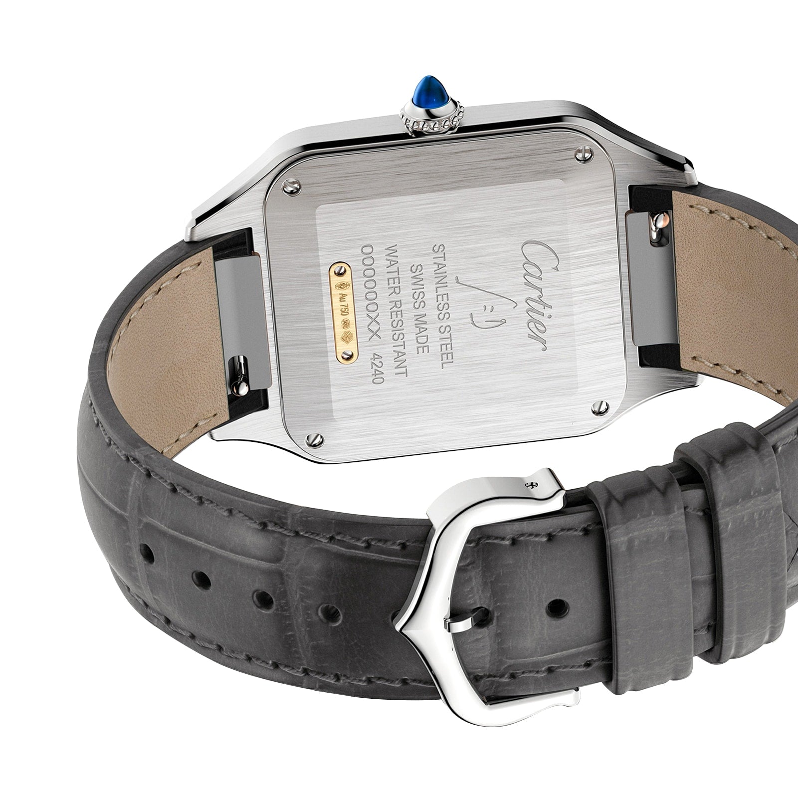 Close-up of the Santos-Dumont by Cartier, highlighting its stainless steel case, 18K yellow gold bezel, leather strap, and detailed back markings that showcase Cartier’s watchmaking and water resistance.