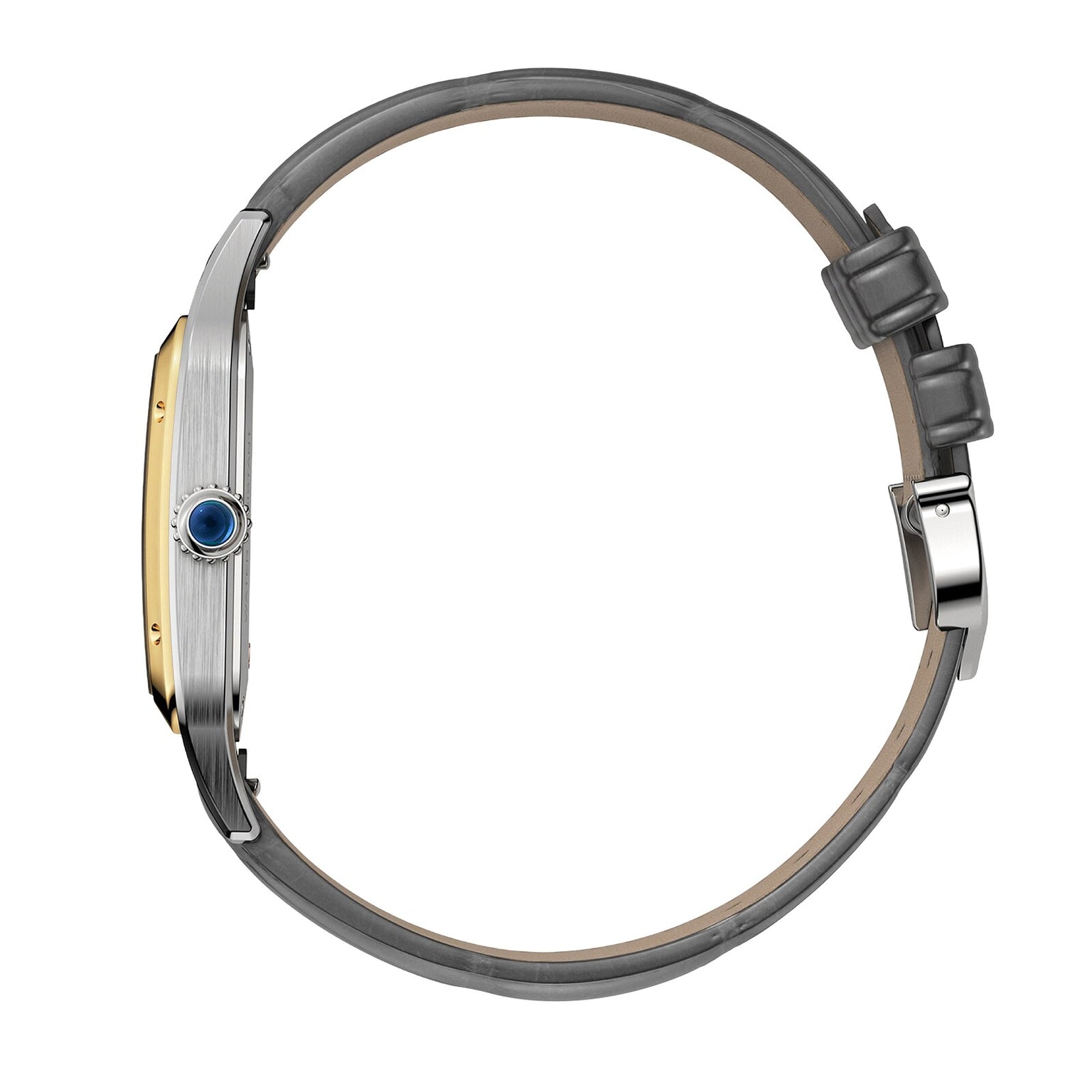 Side view of the Cartier Santos-Dumont watch, showcasing a gray leather strap, 18K yellow gold bezel, silver and gold casing, and a blue gemstone on the crown—a classic from Cartier.