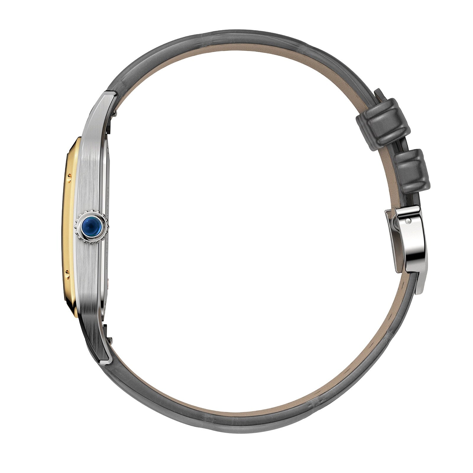 Side view of the Cartier Santos-Dumont watch, showcasing a gray leather strap, 18K yellow gold bezel, silver and gold casing, and a blue gemstone on the crown—a classic from Cartier.