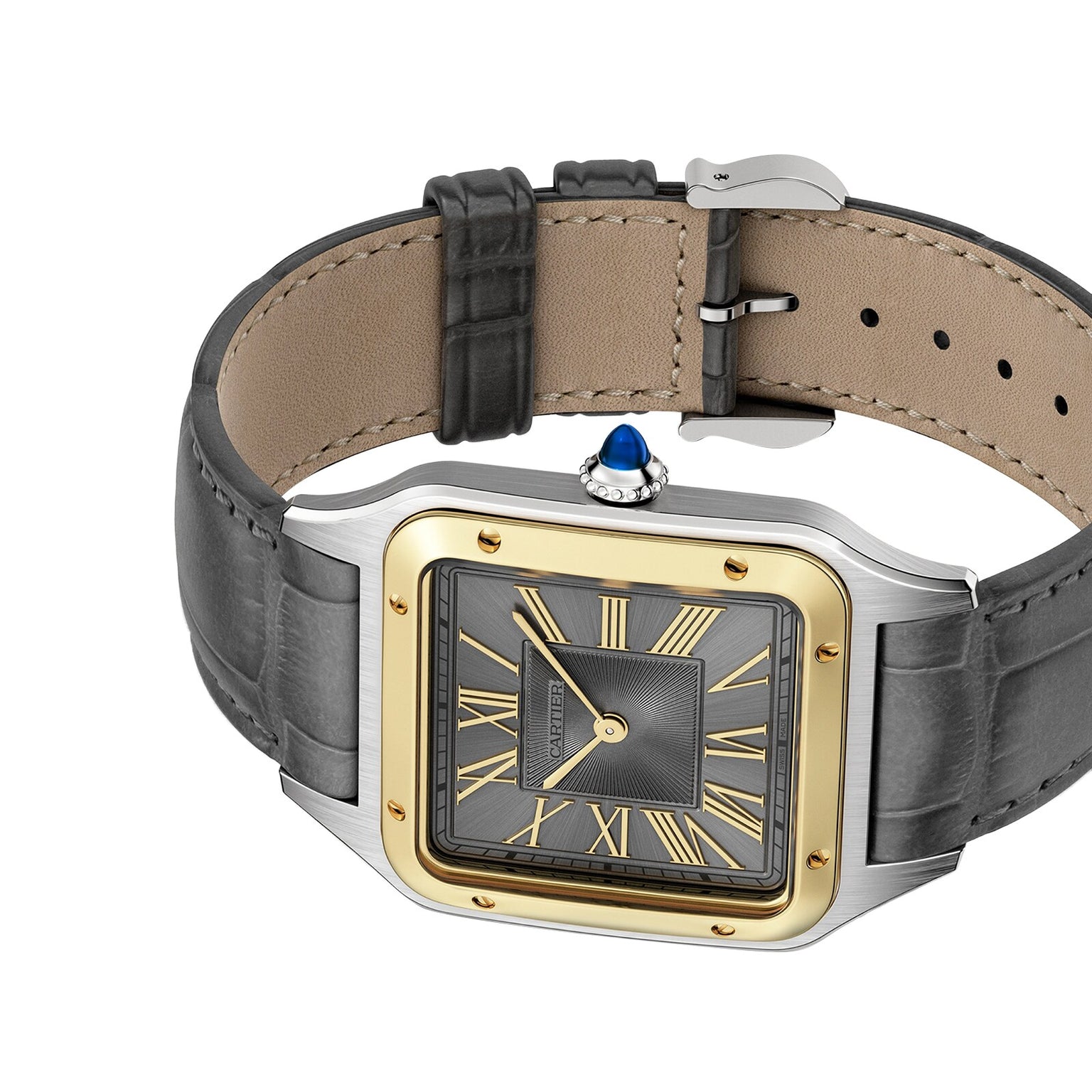 The Cartier Santos-Dumont features a square gold and silver case with 18K yellow gold bezel, gray dial, gold Roman numerals, black leather strap, and a blue gemstone crown—exemplifying Cartier luxury.