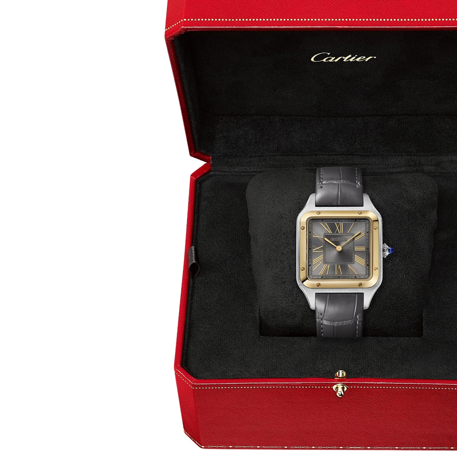 The Cartier Santos-Dumont watch features a rectangular black and gold face, 18K yellow gold bezel, and black leather strap, beautifully presented in a signature red Cartier box—a true display of Cartier elegance.