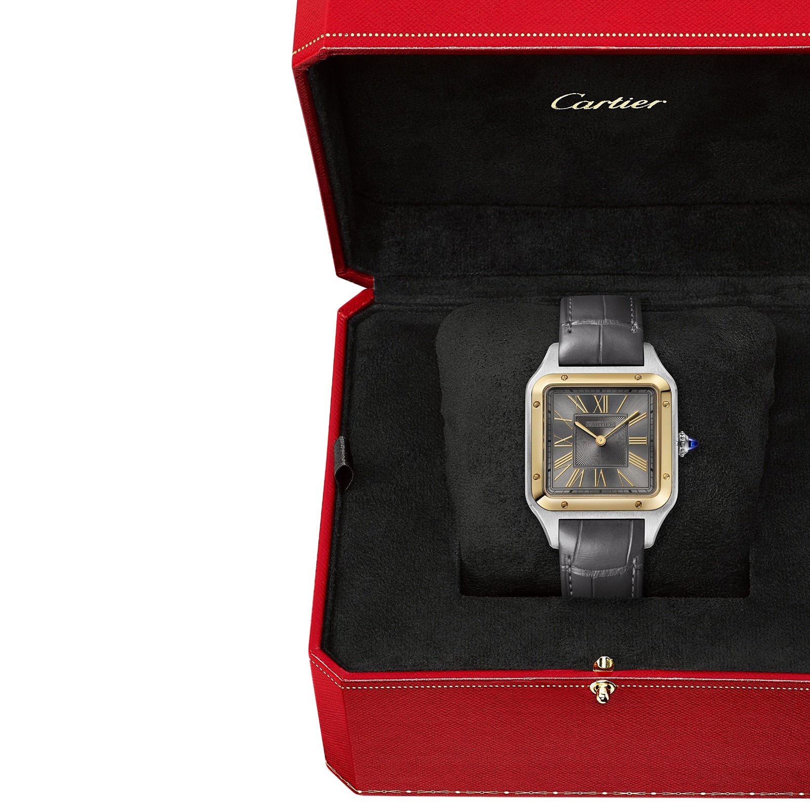 The Cartier Santos-Dumont watch features a rectangular black and gold face, 18K yellow gold bezel, and black leather strap, beautifully presented in a signature red Cartier box—a true display of Cartier elegance.