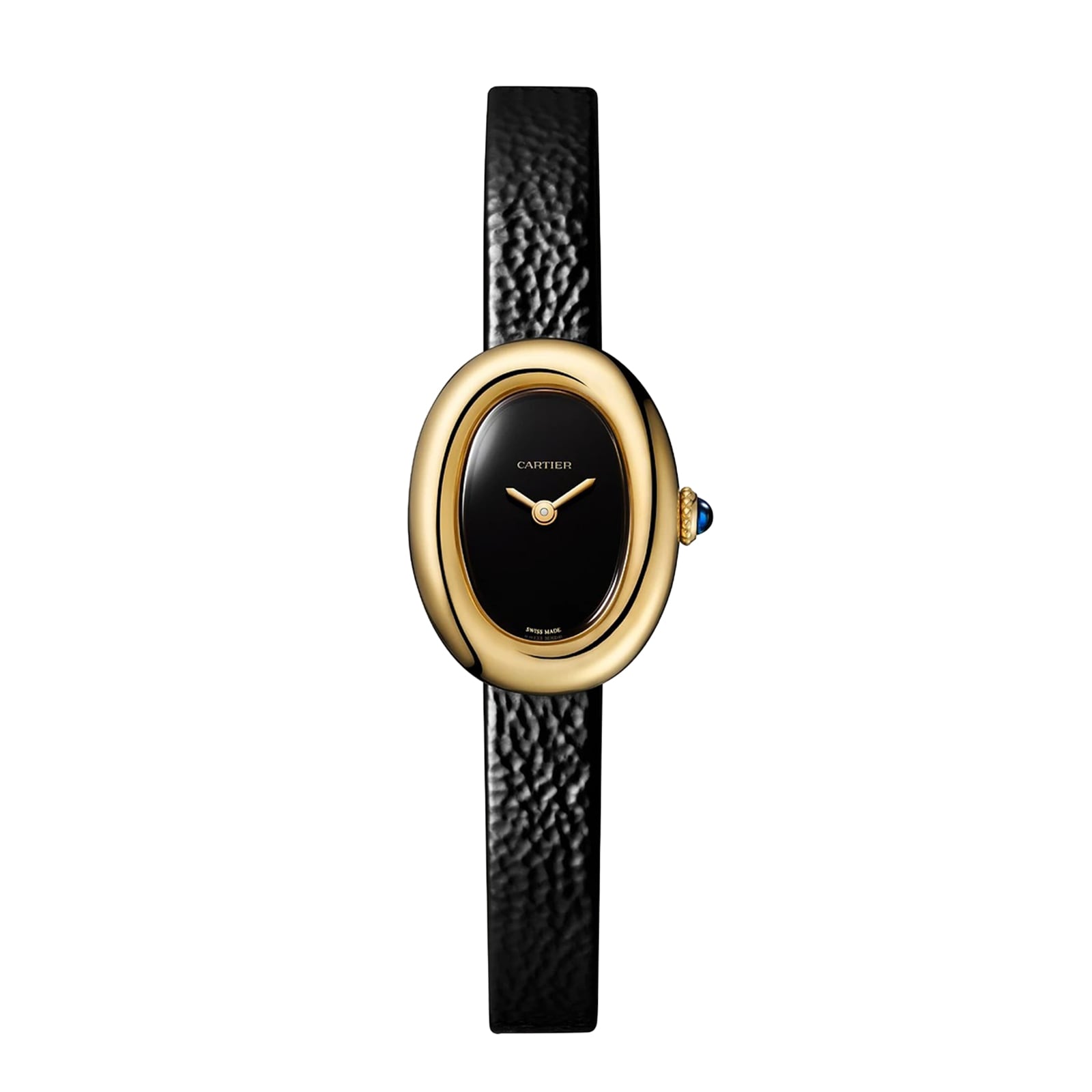 Cartier Baignoire gold oval watch featuring a black face and black textured leather strap, shown on a white background.