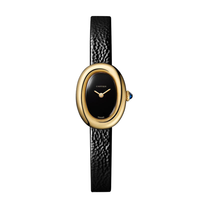 Cartier Baignoire gold oval watch featuring a black face and black textured leather strap, shown on a white background.