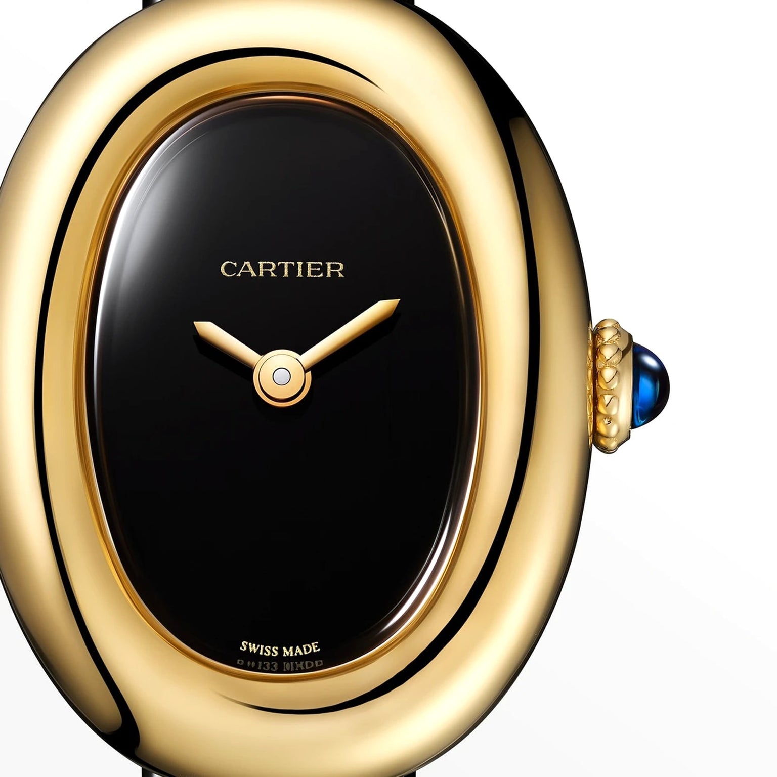 Cartier Baignoire wristwatch with an oval black face, gold hands, blue gem crown, shown close up.
