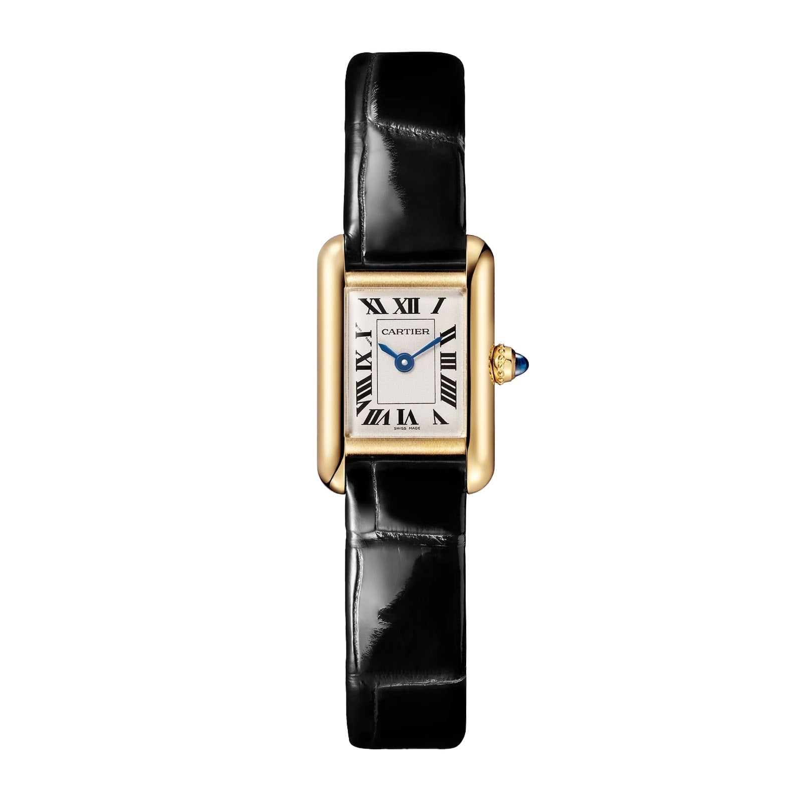 The Cartier Tank Louis Cartier watch features a yellow gold case, square white dial with black Roman numerals, blue hands, and a black alligator leather strap, shown against a white background.