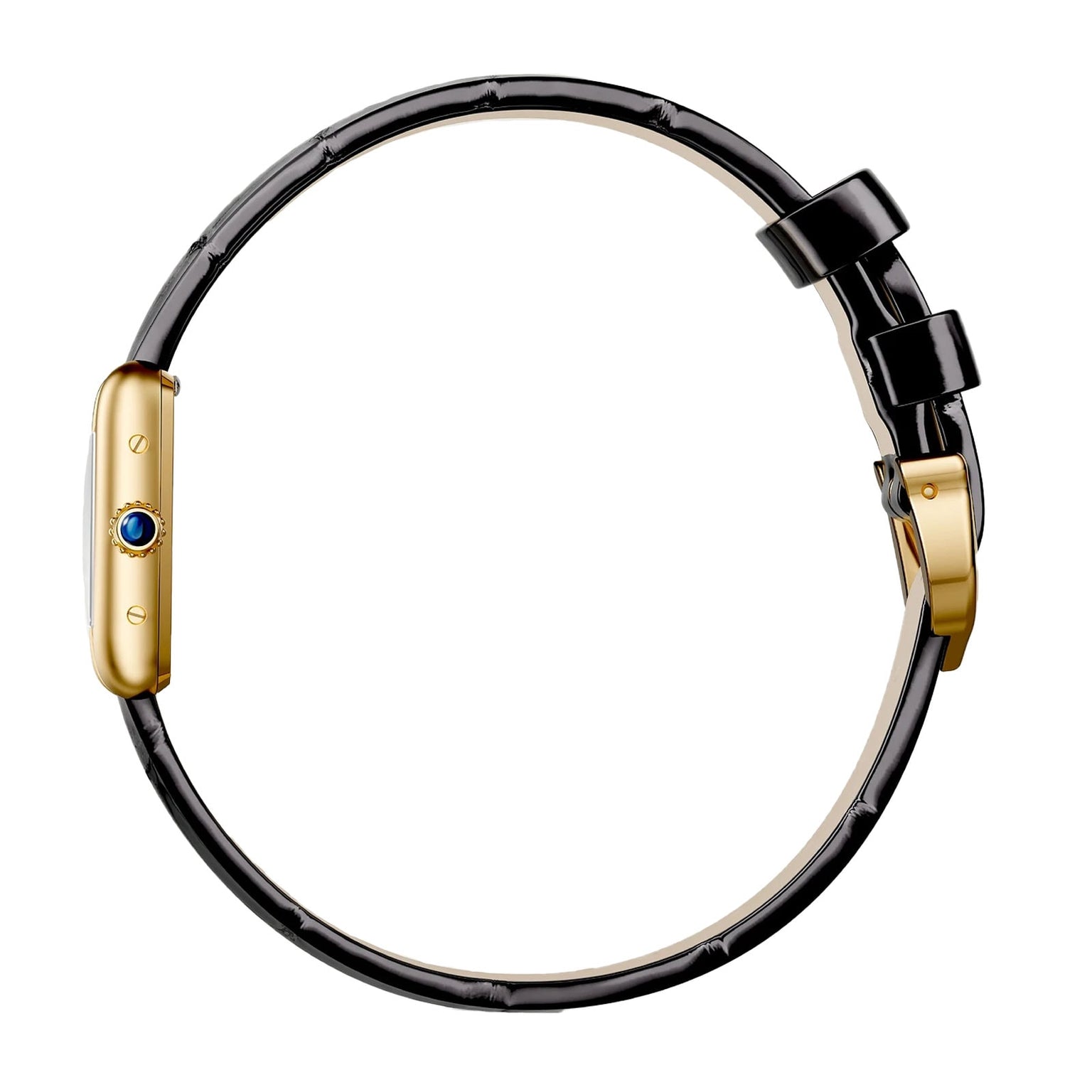 Side view of the Cartier Tank Louis Cartier watch featuring a yellow gold case, blue crown, and black alligator leather strap with a bow-shaped detail near the buckle.