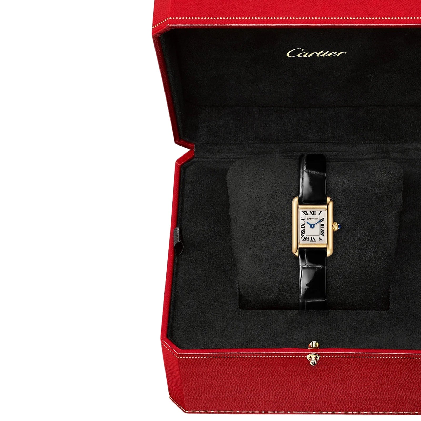 The Cartier Tank Louis Cartier watch, featuring a rectangular yellow gold case and a black alligator leather strap, is presented on a black cushion inside a red Cartier box.