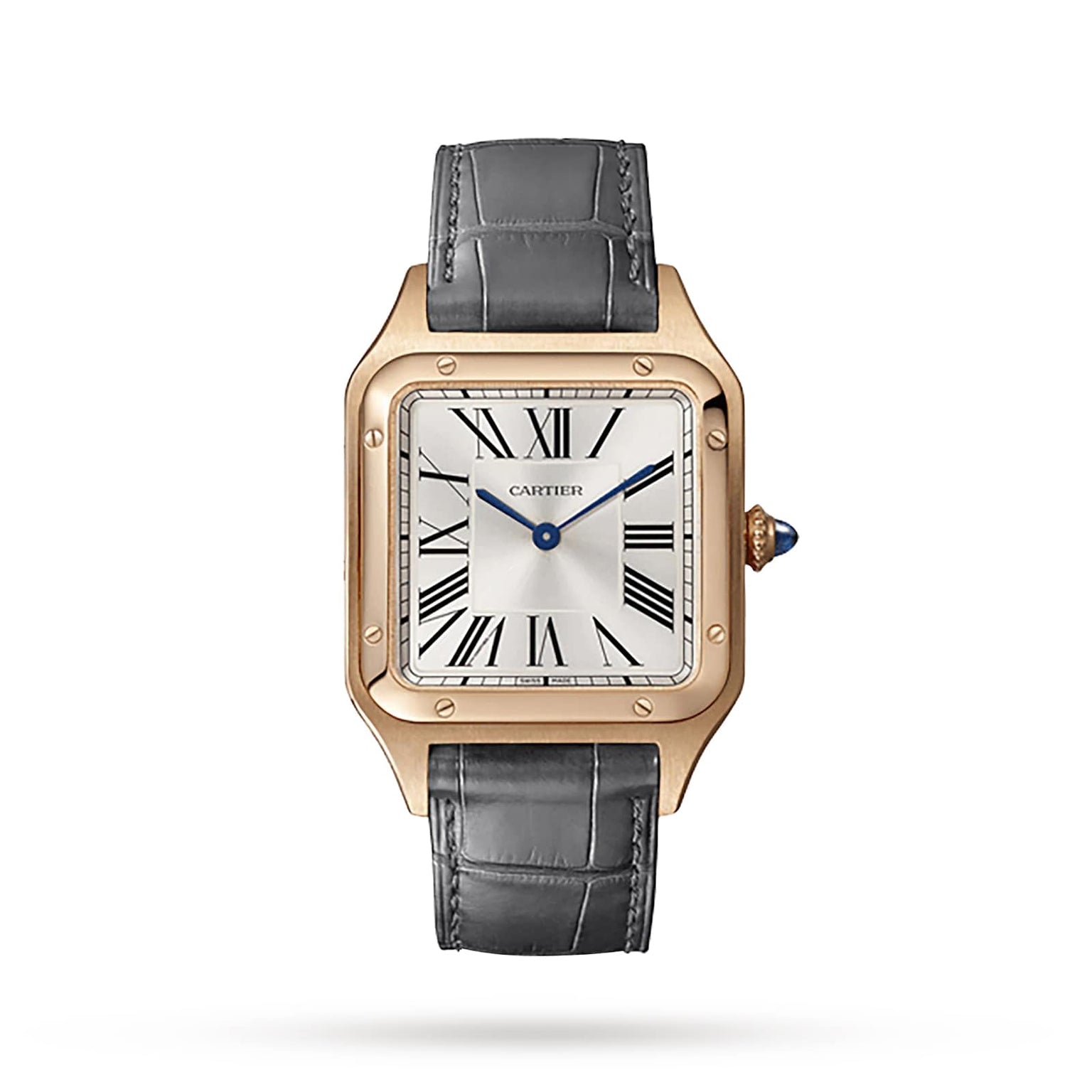 The Cartier Santos-Dumont is a rectangular 18K rose gold watch featuring a white dial with black Roman numerals, blue hands, and a grey alligator leather strap. The brand name Cartier is displayed on the face.