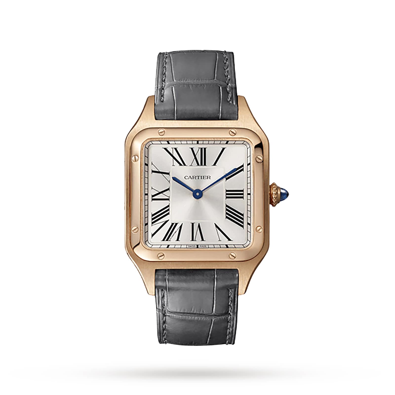 The Cartier Santos-Dumont is a rectangular 18K rose gold watch featuring a white dial with black Roman numerals, blue hands, and a grey alligator leather strap. The brand name Cartier is displayed on the face.