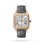 The Cartier Santos-Dumont is a rectangular 18K rose gold watch featuring a white dial with black Roman numerals, blue hands, and a grey alligator leather strap. The brand name Cartier is displayed on the face.