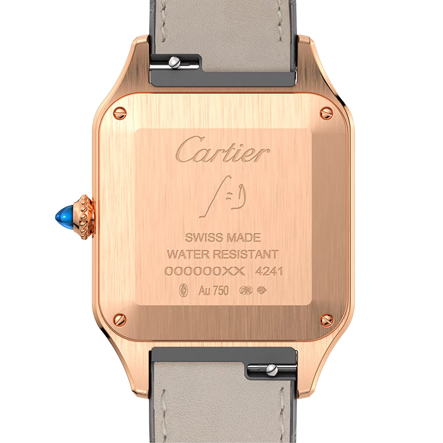 Back view of the Cartier Santos-Dumont watch in 18K rose gold, showcasing brand engraving, serial numbers, water resistance, Swiss made mark, and a refined alligator leather strap.