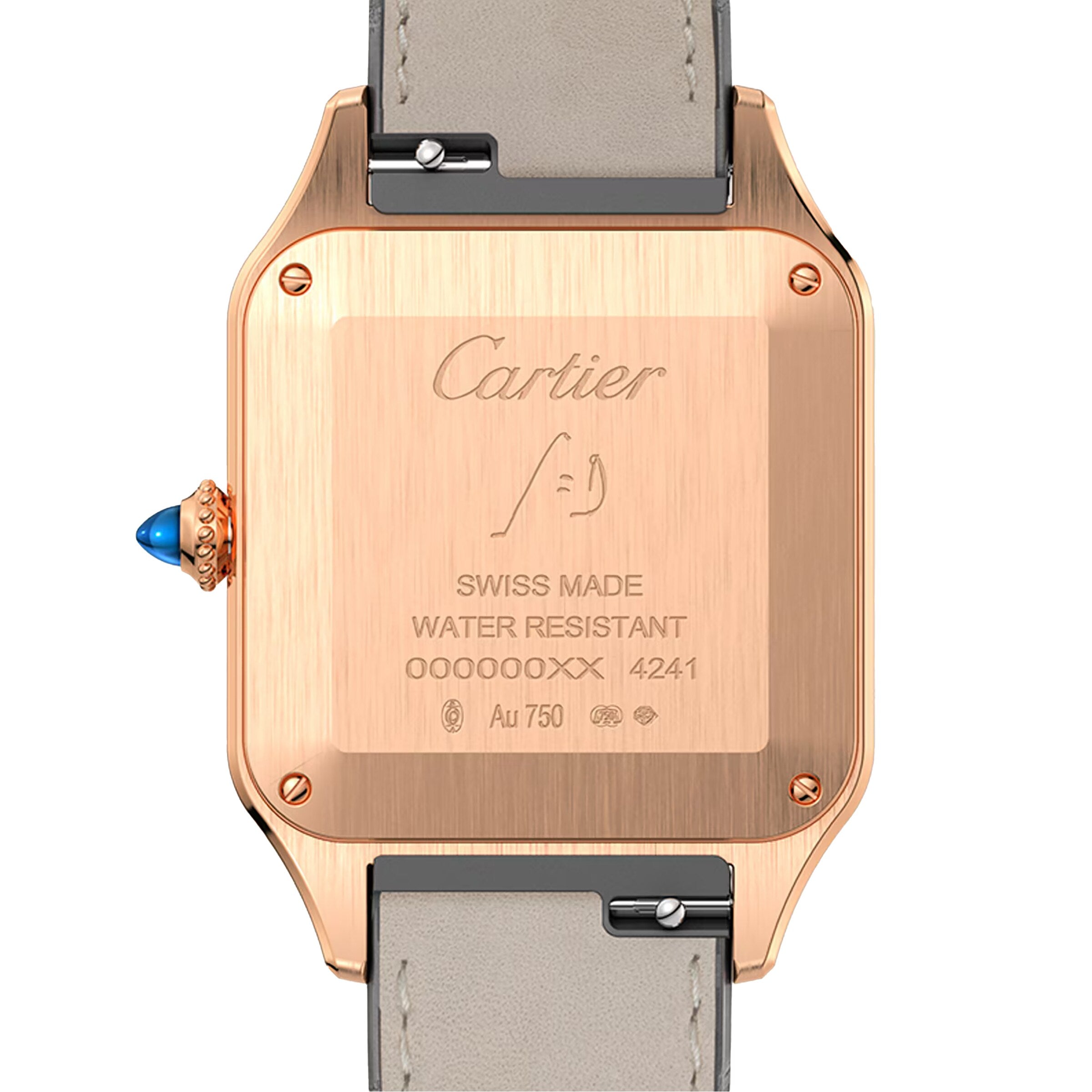 Back view of the Cartier Santos-Dumont watch in 18K rose gold, showcasing brand engraving, serial numbers, water resistance, Swiss made mark, and a refined alligator leather strap.