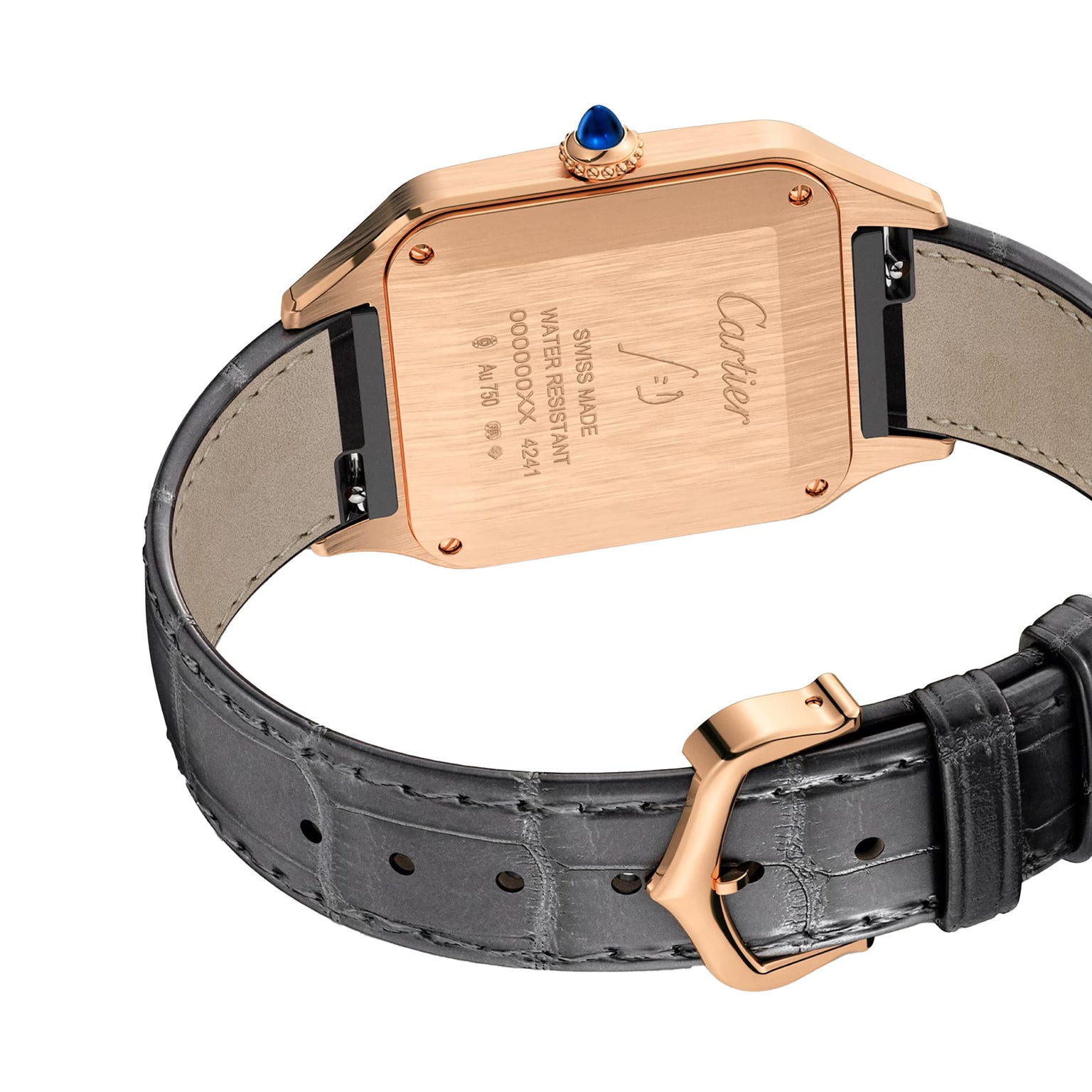 Rear view of the Cartier Santos-Dumont featuring an 18K rose gold case, engraved back, blue cabochon crown, and a grey alligator leather strap with matching rose gold buckle.