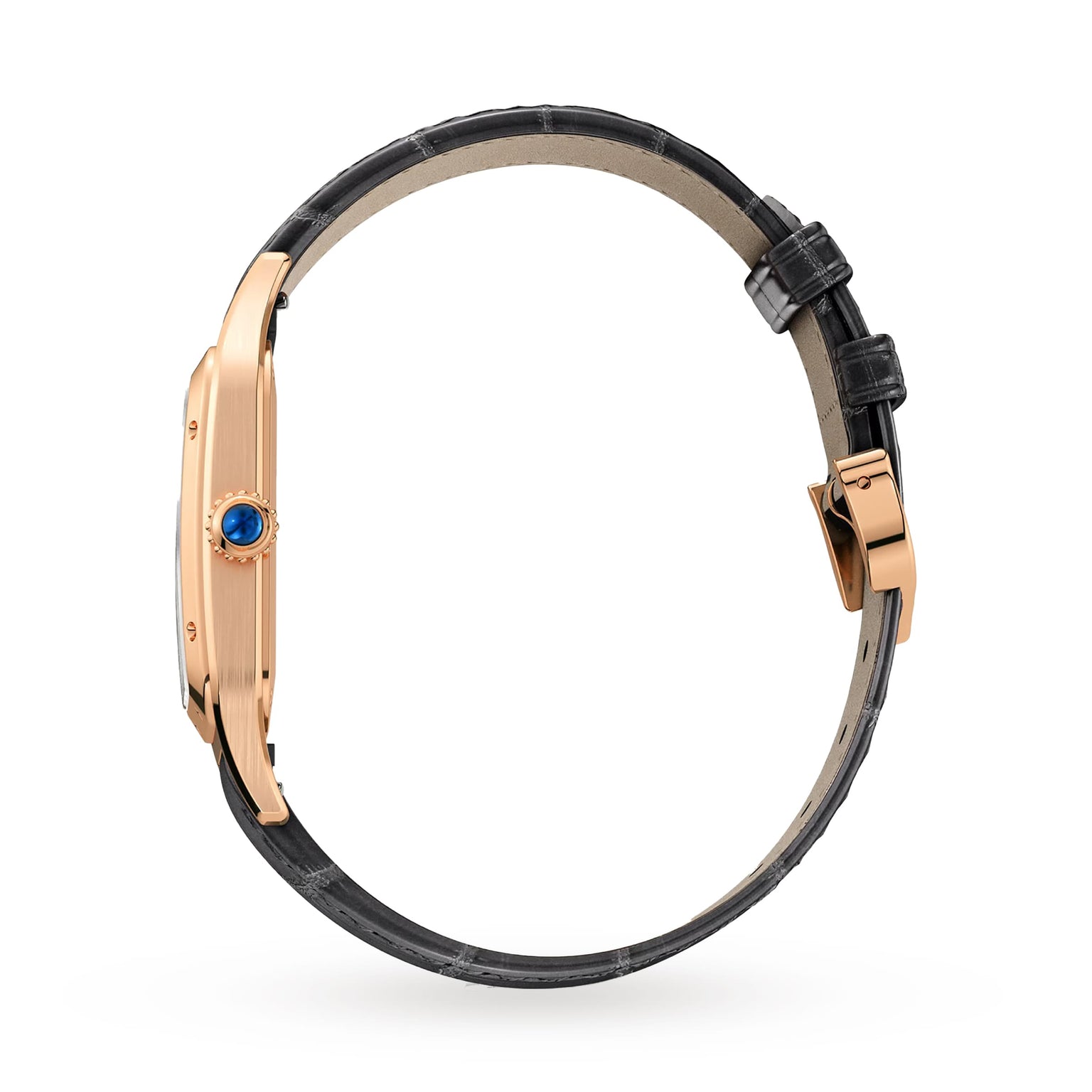 Side view of the Cartier Santos-Dumont watch, featuring an 18K rose gold case, blue crown, and black alligator leather strap with a buckle clasp, shown against a white background.