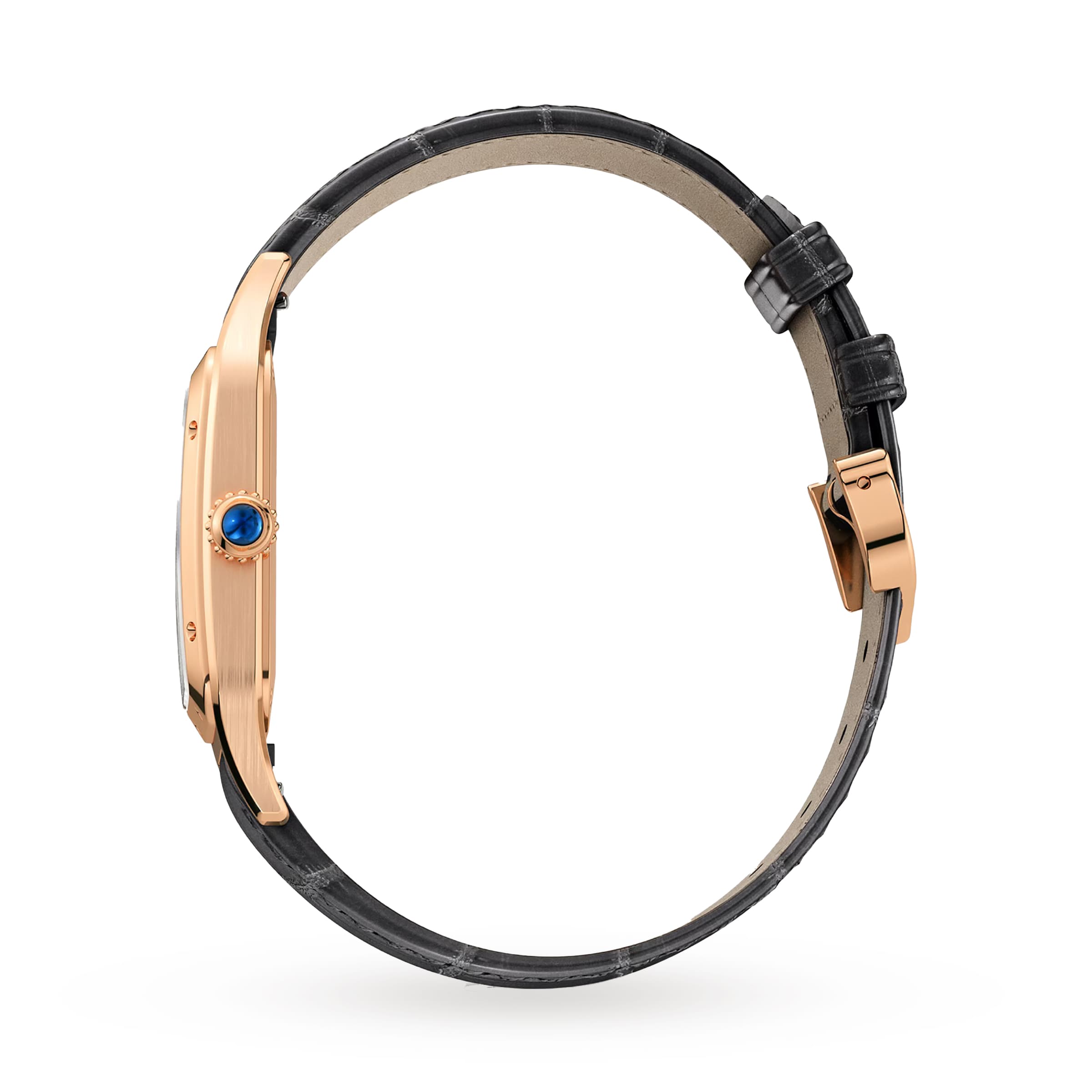 Side view of the Cartier Santos-Dumont watch, featuring an 18K rose gold case, blue crown, and black alligator leather strap with a buckle clasp, shown against a white background.