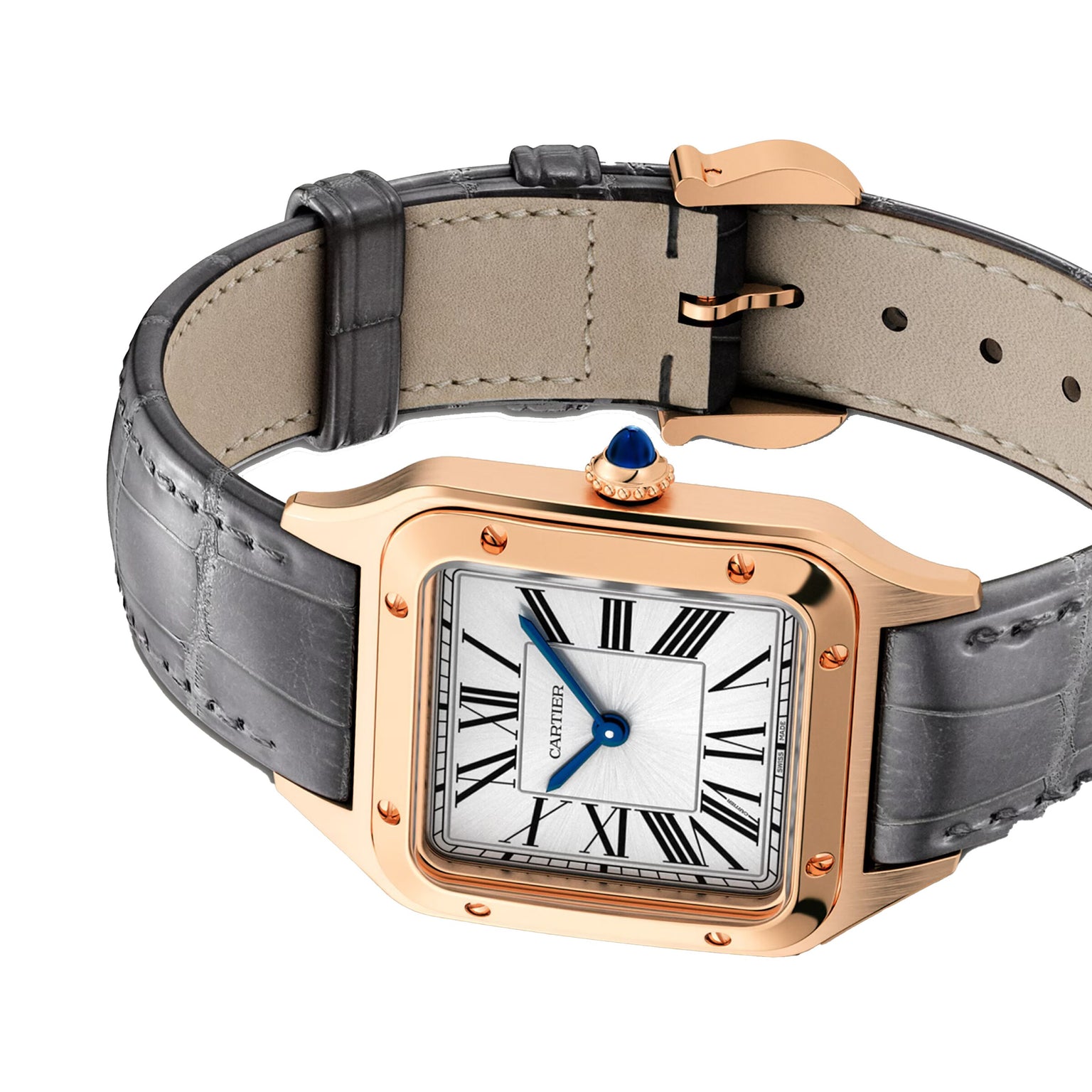 The Cartier Santos-Dumont watch boasts an 18K rose gold square case, white dial with black Roman numerals, blue gemstone crown, and grey alligator leather strap.