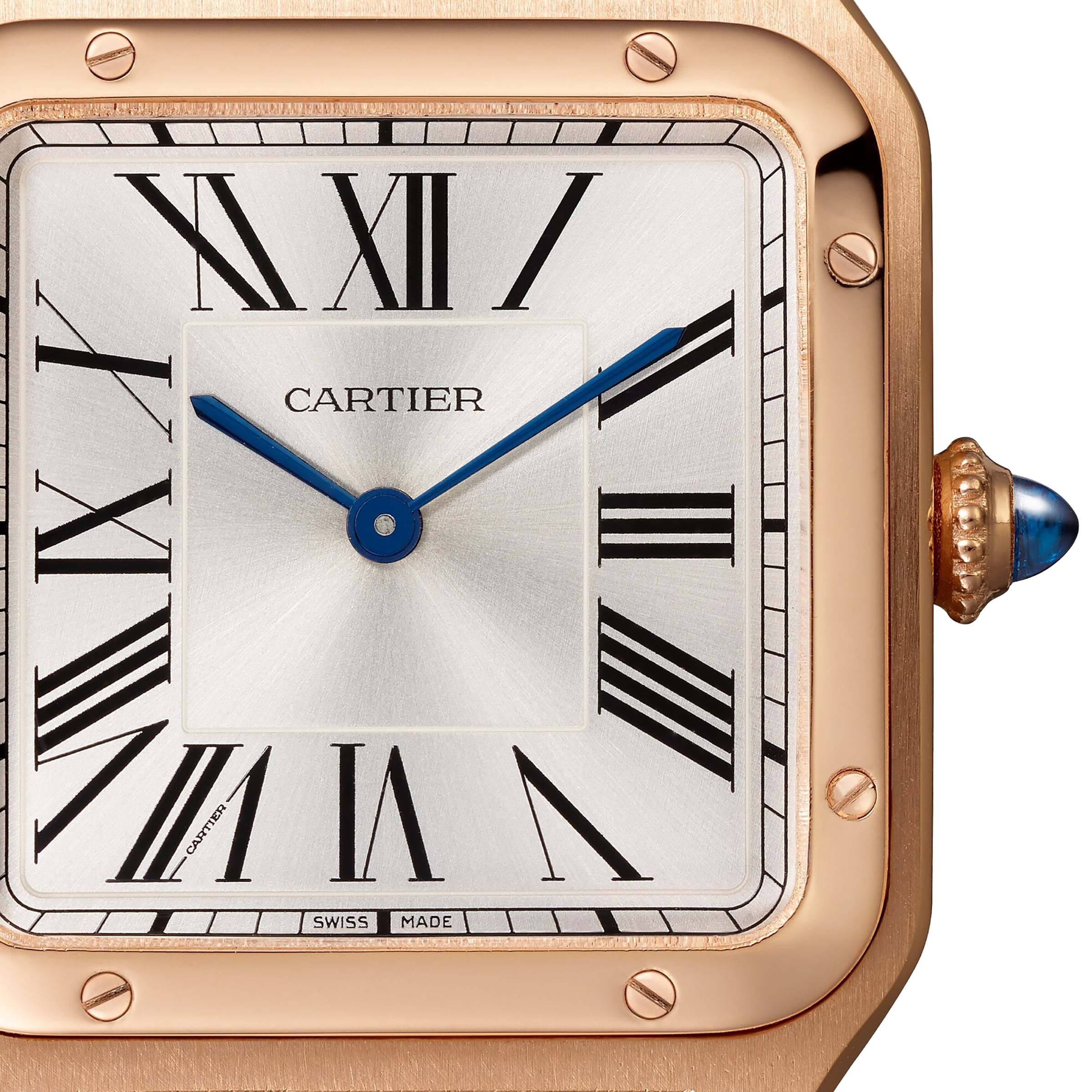 Close-up of a Cartier Santos-Dumont watch featuring a square 18K rose gold case, Roman numerals, blue hands, gemstone-set crown, and an alligator leather strap.