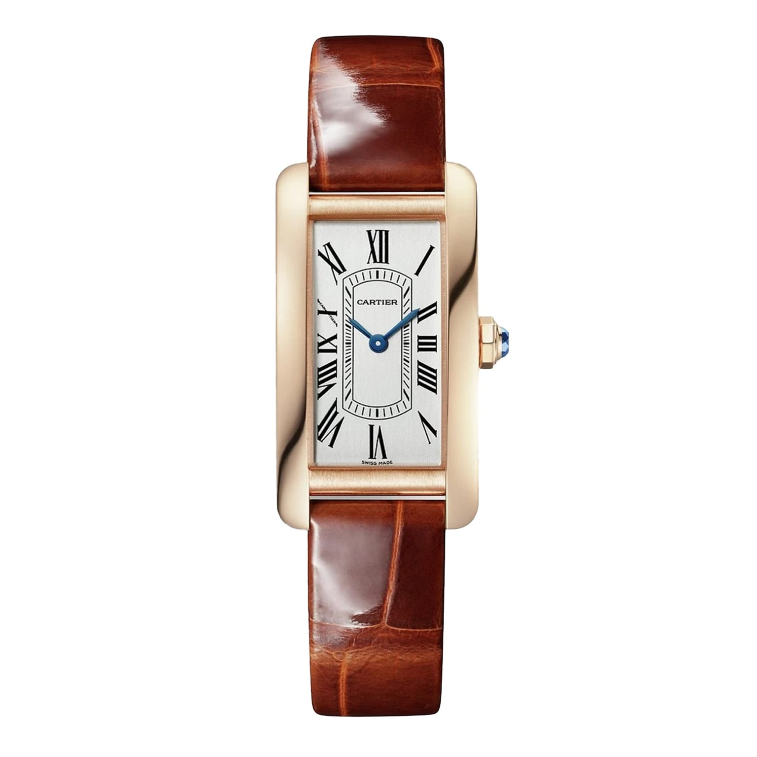 The Cartier Tank Américaine wristwatch features a rectangular rose gold case, brown leather strap, Roman numerals, blue hands, and the Cartier name on the dial.