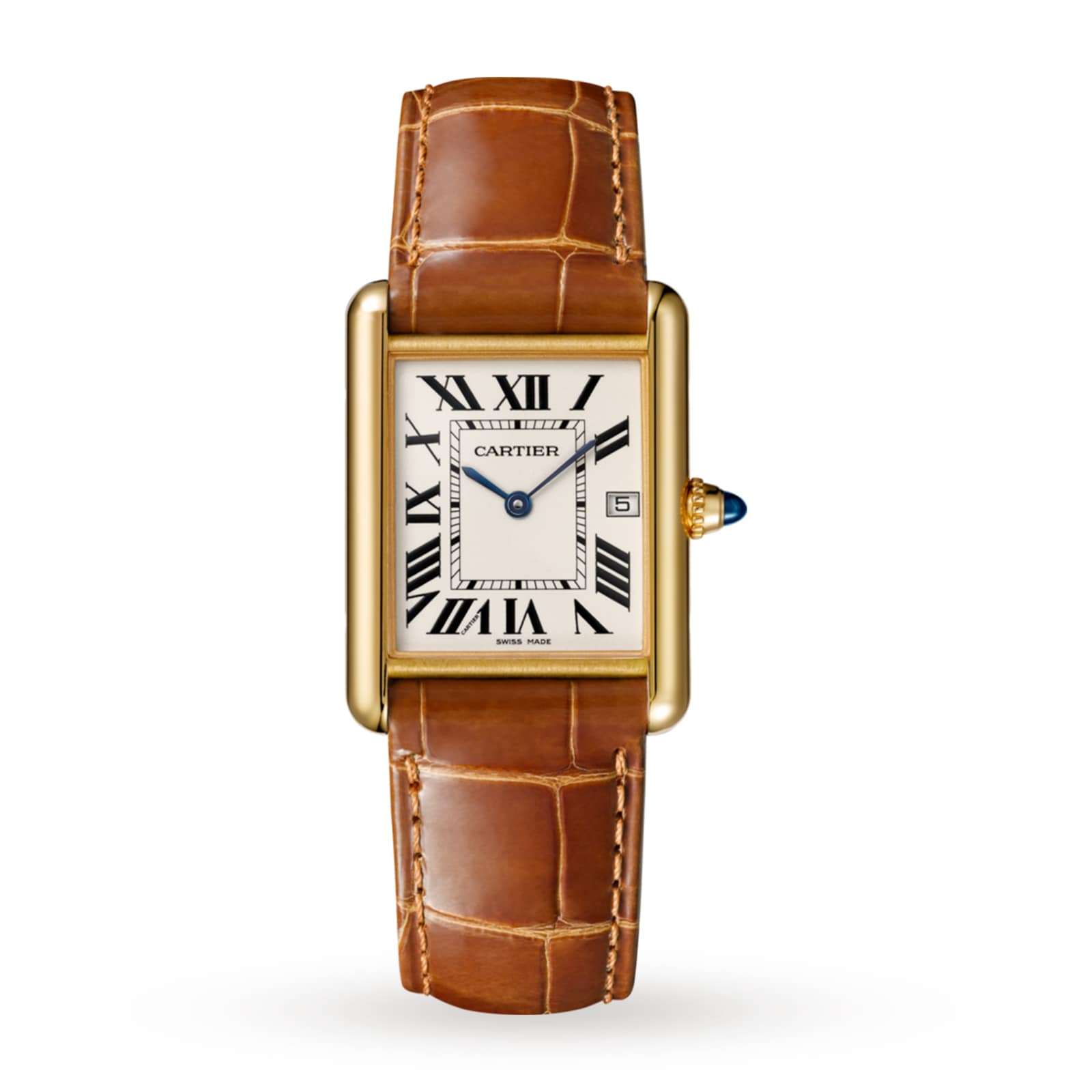 The Cartier Tank Louis Cartier is a rectangular 18K yellow gold watch with a Roman numeral dial, blue hands, date window at 3 o’clock, and brown leather strap, shown on a white background.