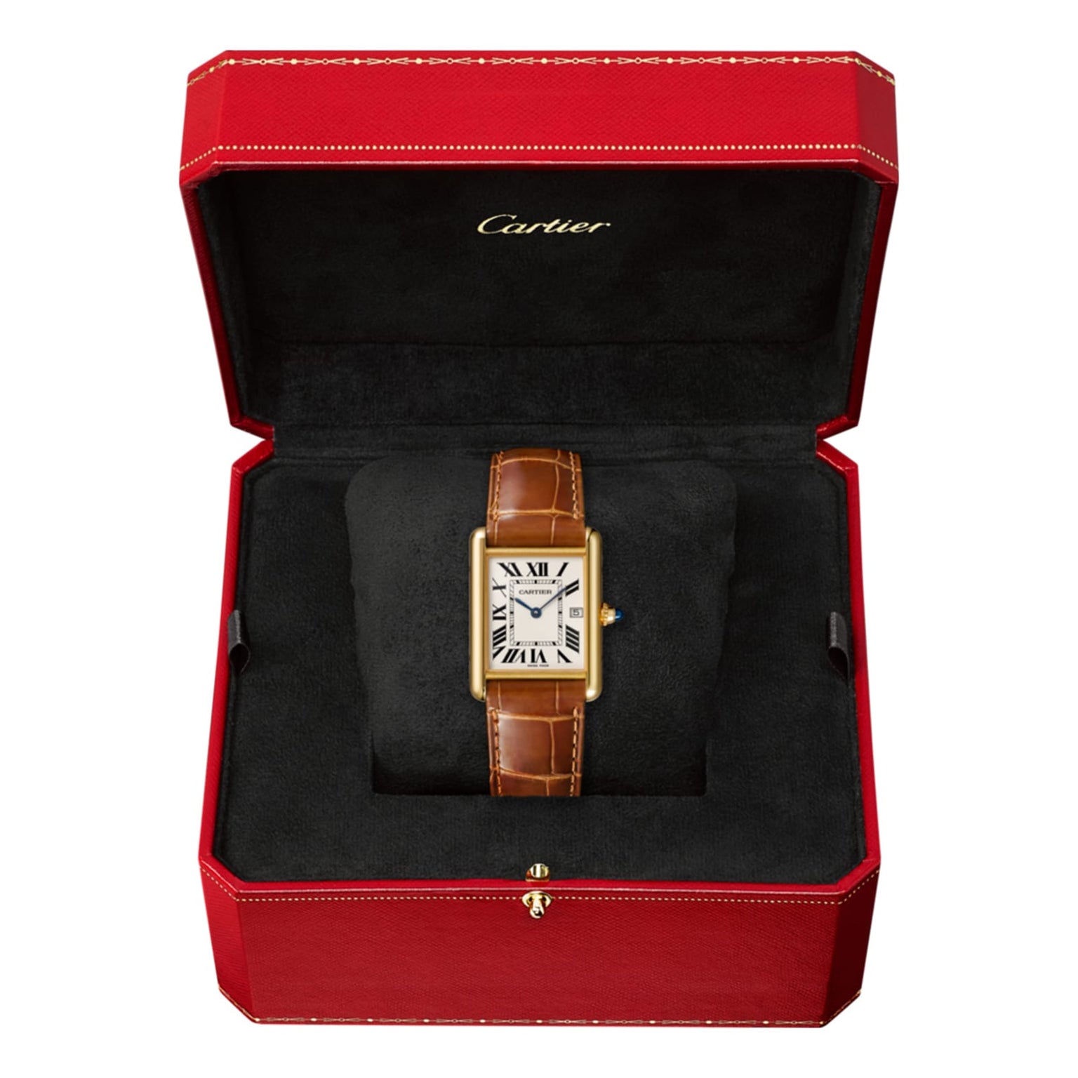 A Cartier Tank Louis Cartier watch with a brown leather strap is presented in an open red box lined with black velvet, highlighting its timeless 18K yellow gold design.