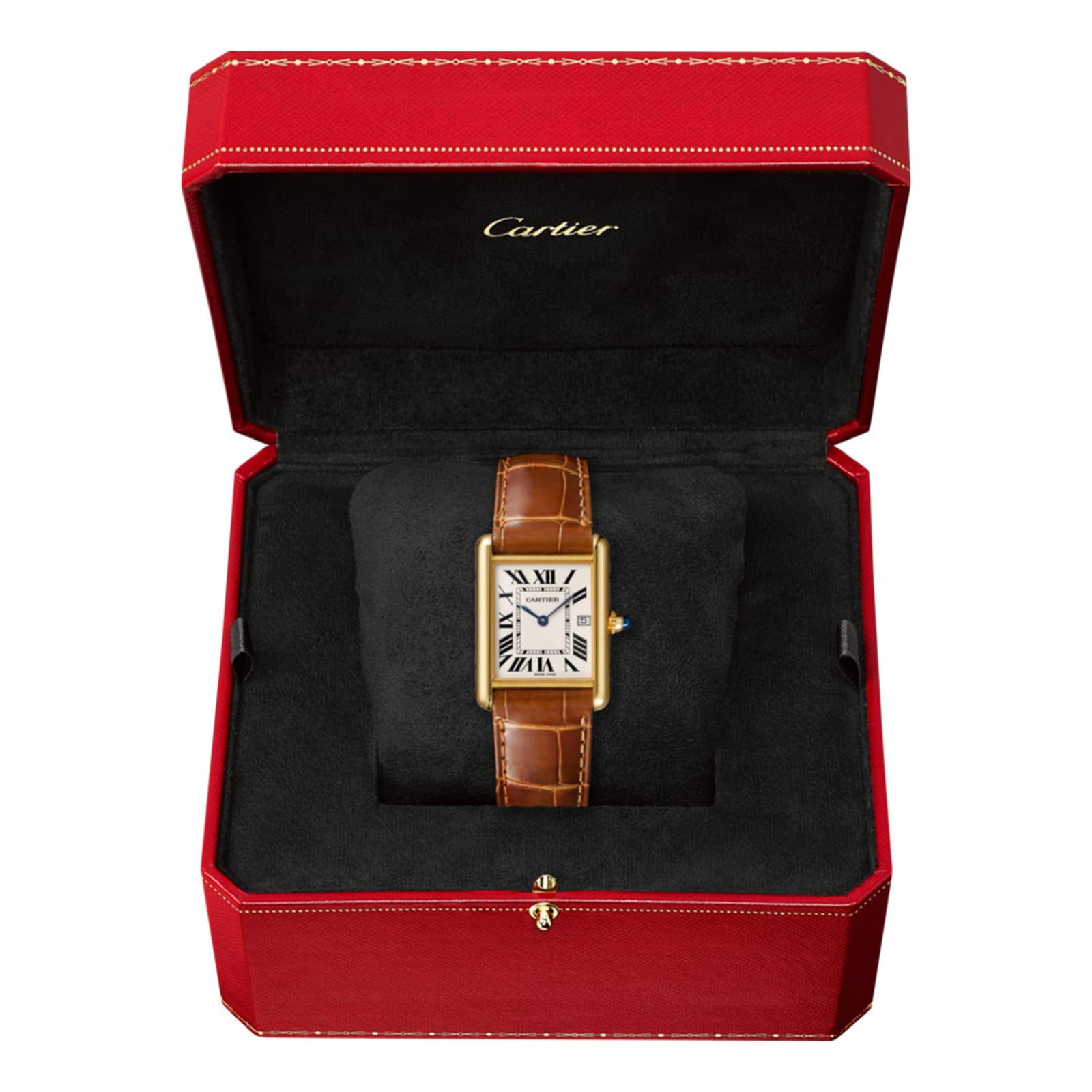 A Cartier Tank Louis Cartier watch with a brown leather strap is presented in an open red box lined with black velvet, highlighting its timeless 18K yellow gold design.