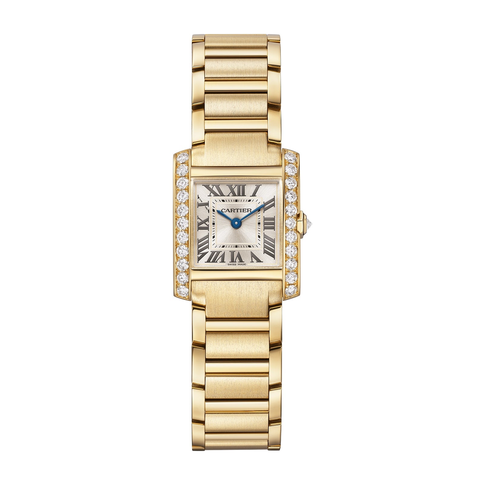 The Cartier Tank Française features a square yellow gold case, Roman numerals, blue hands, brilliant-cut diamond-set bezel, and a gold link bracelet.