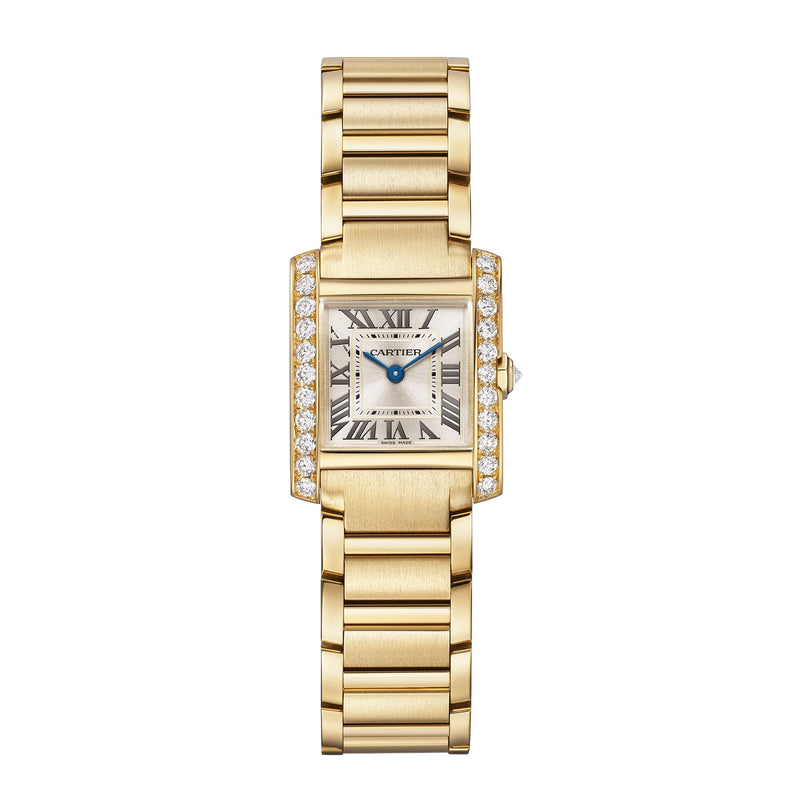 The Cartier Tank Française features a square yellow gold case, Roman numerals, blue hands, brilliant-cut diamond-set bezel, and a gold link bracelet.