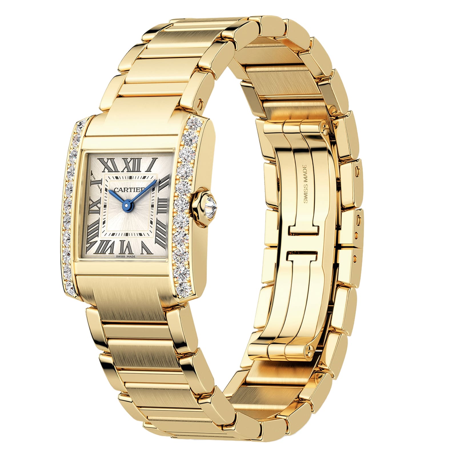 The Cartier Tank Française features a yellow gold case, rectangular face with Roman numerals, brilliant-cut diamond bezel accents, and a metal link bracelet.