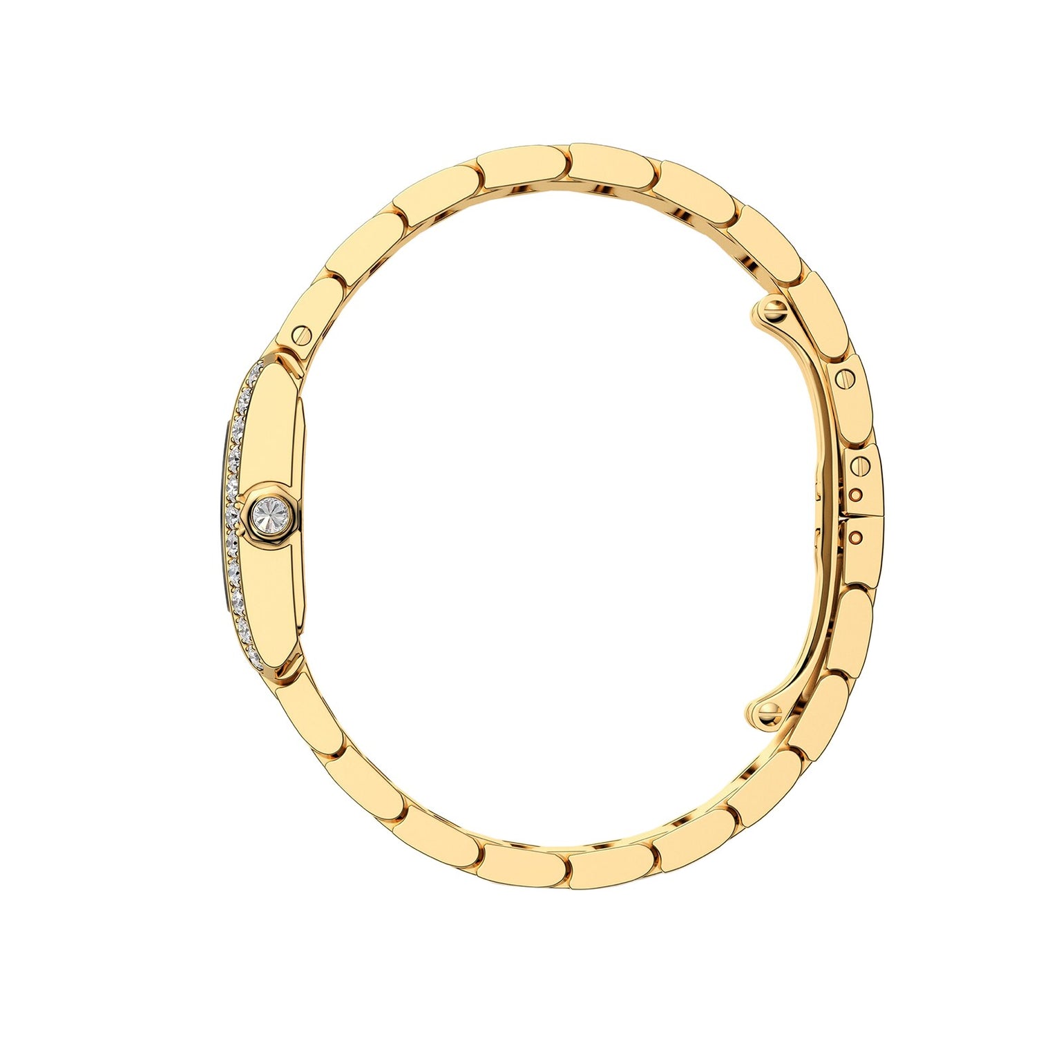 The Cartier Tank Française is a gold bracelet featuring a round brilliant-cut diamond centerpiece and small diamonds set along one side, displayed on a white background.