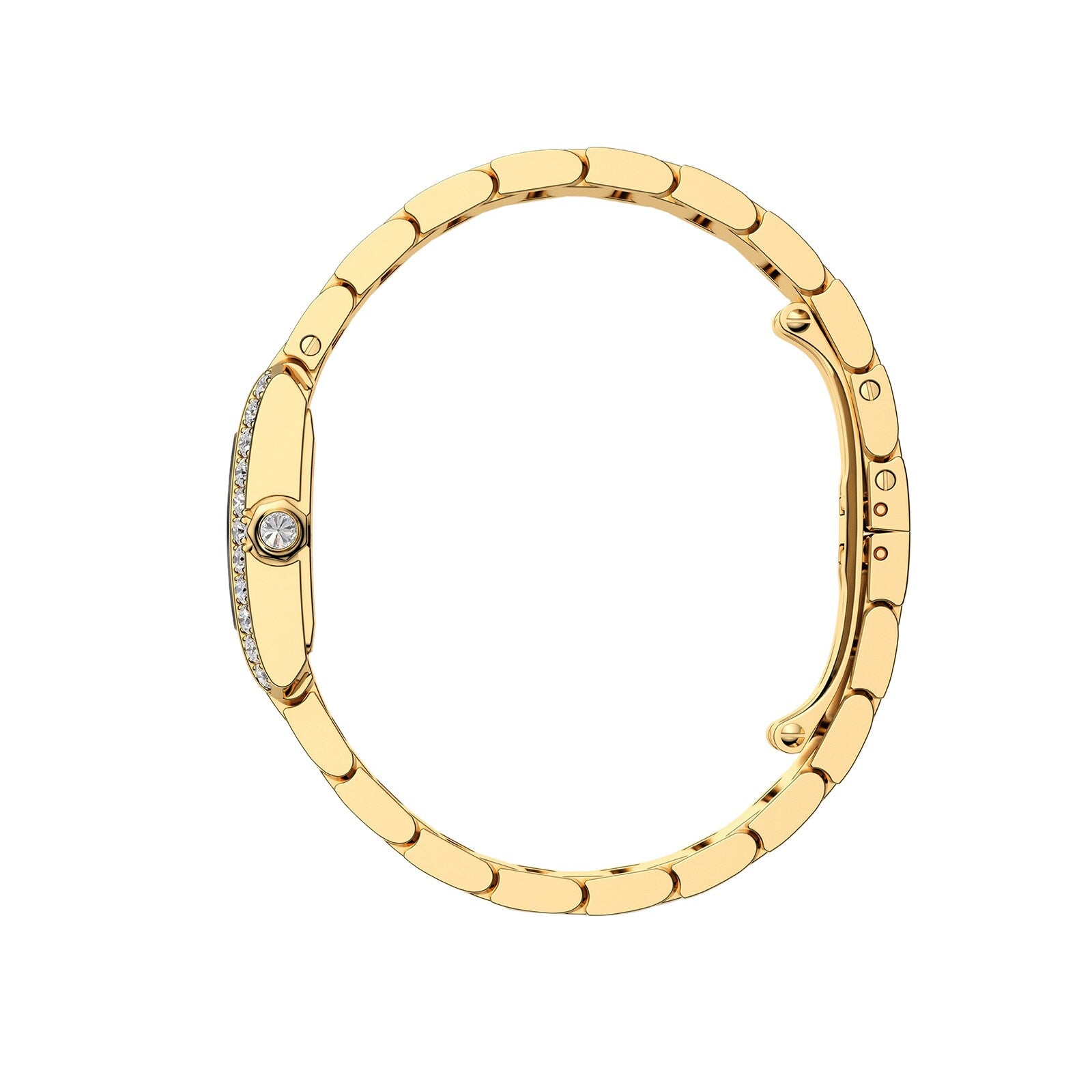 The Cartier Tank Française is a gold bracelet featuring a round brilliant-cut diamond centerpiece and small diamonds set along one side, displayed on a white background.