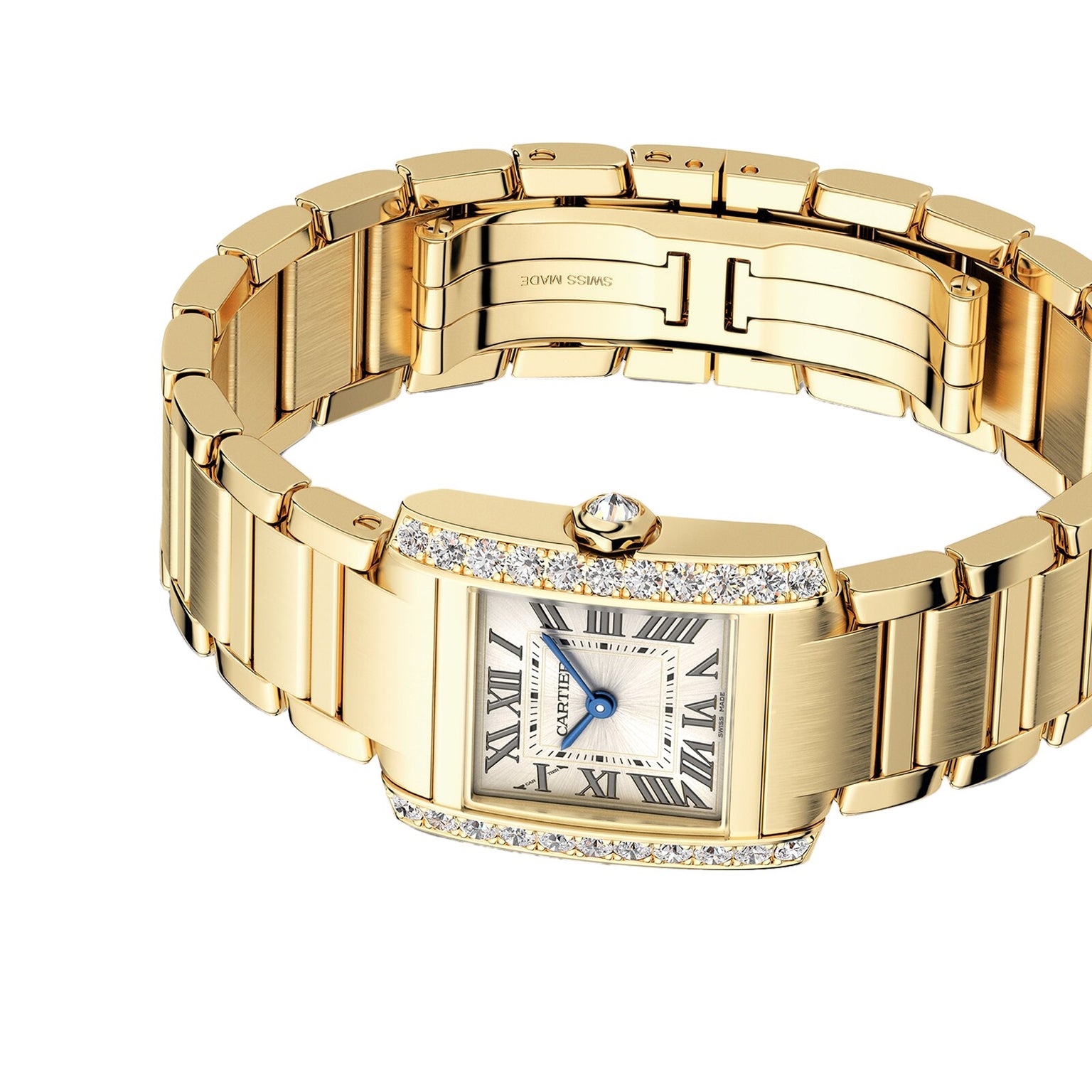Cartier Tank Française wristwatch featuring a yellow gold case, brilliant-cut diamonds, Roman numeral dial, and blue hands, shown on a white background.