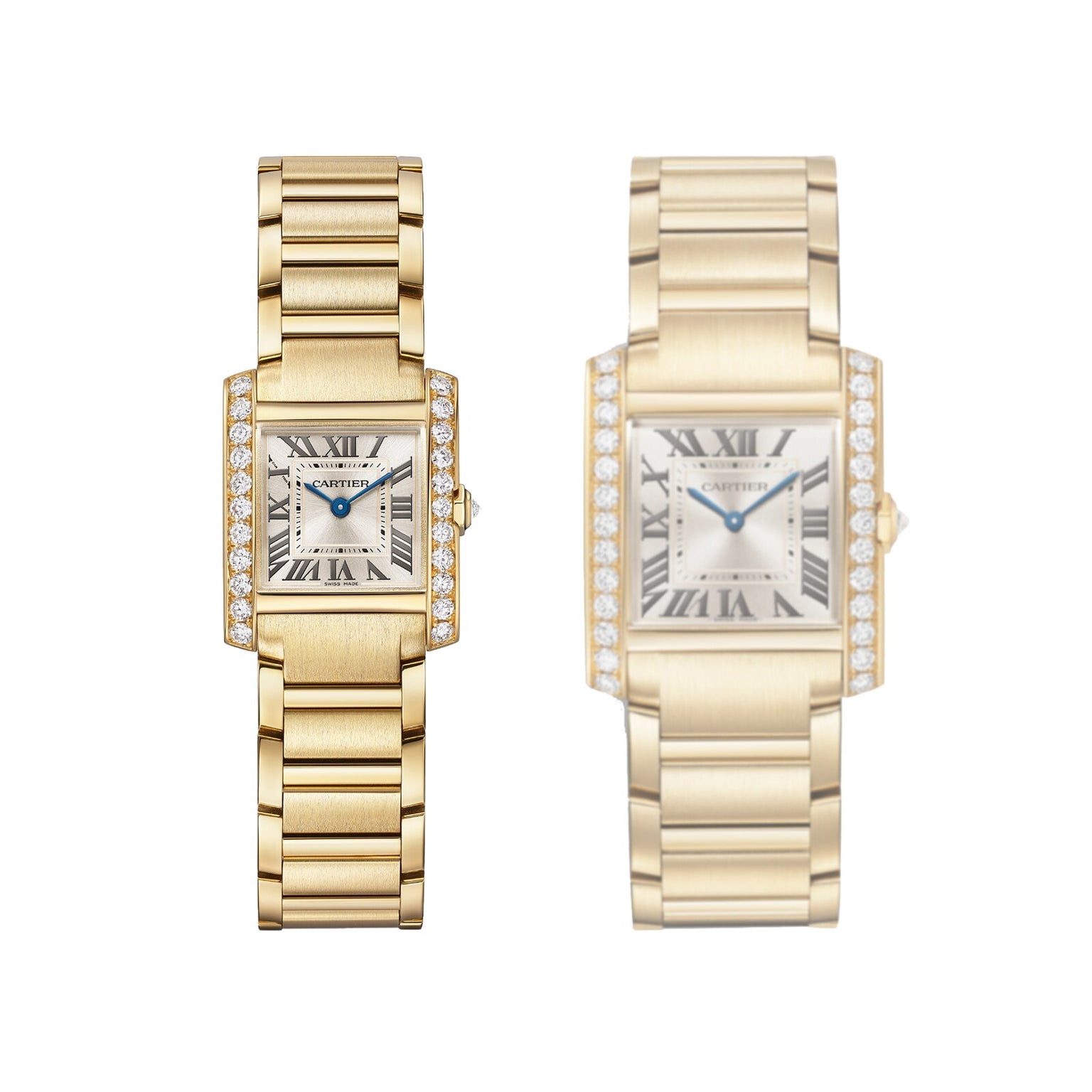 Two Cartier Tank Française wristwatches are shown side by side on a white background, featuring yellow gold cases, brilliant-cut diamond bezels, Roman numerals, and metal link bracelets.