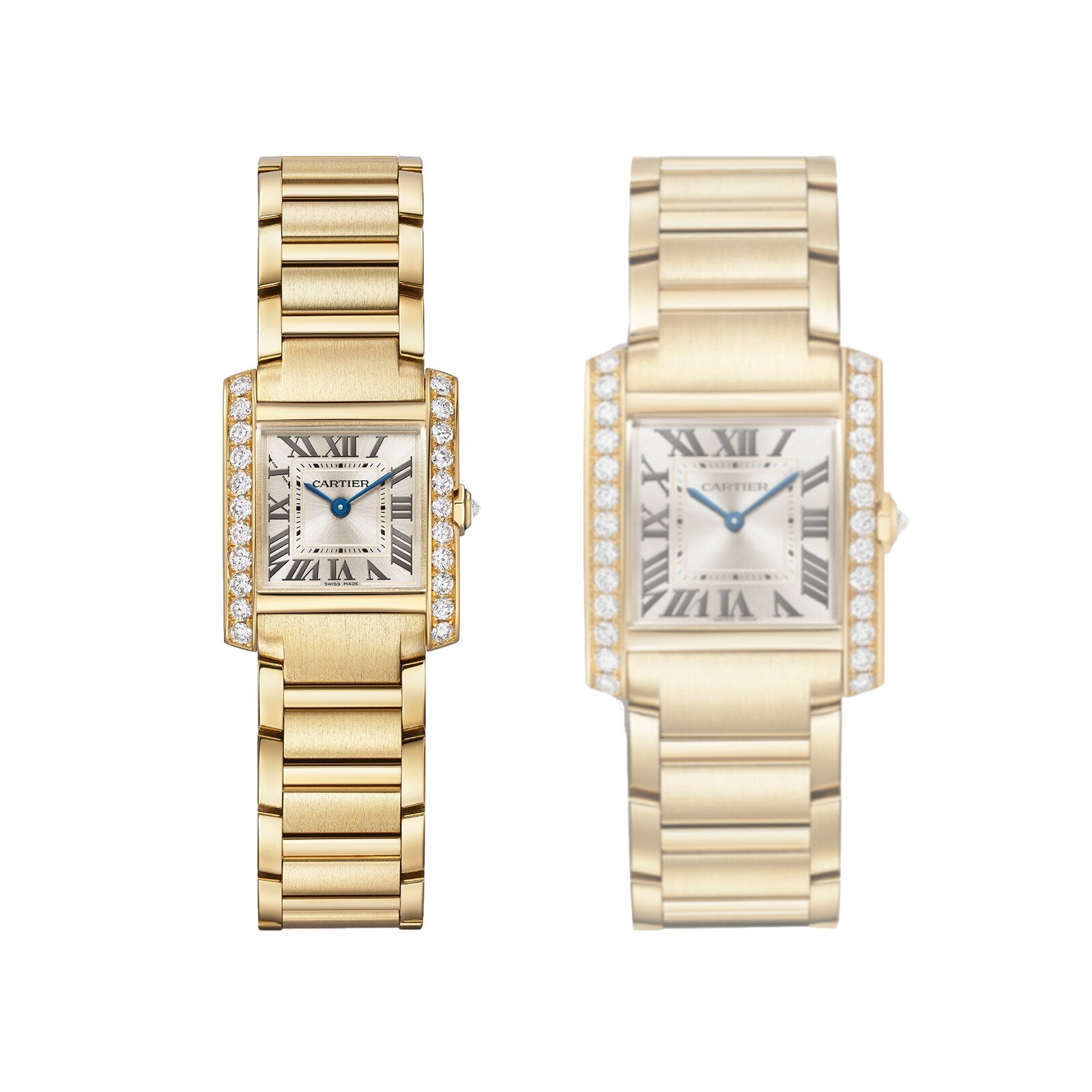 Two Cartier Tank Française wristwatches are shown side by side on a white background, featuring yellow gold cases, brilliant-cut diamond bezels, Roman numerals, and metal link bracelets.