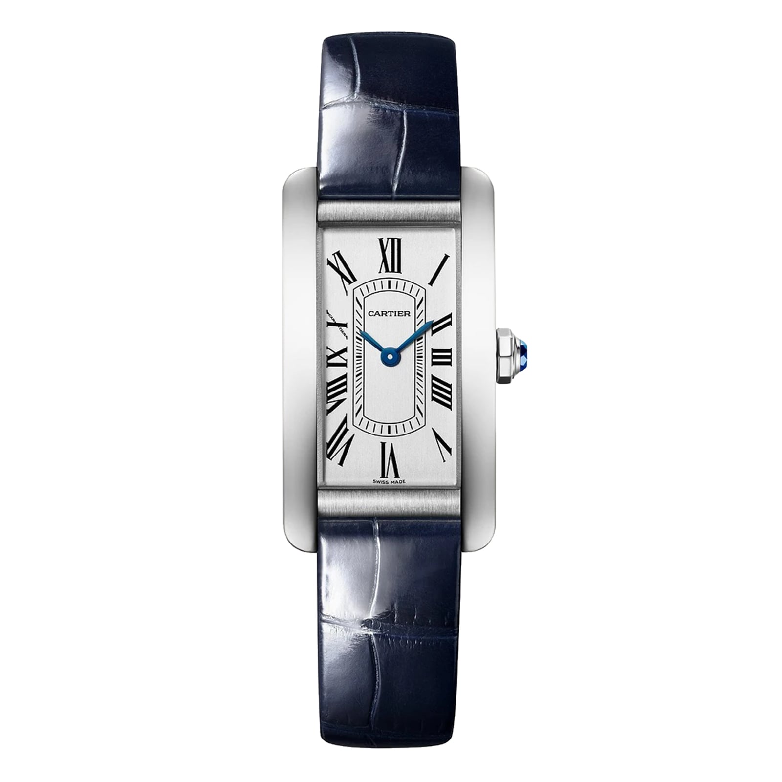 The Cartier Tank Américaine wristwatch showcases a white dial with Roman numerals, blue hands, and a dark blue leather strap—an icon of timeless elegance.