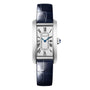 The Cartier Tank Américaine wristwatch showcases a white dial with Roman numerals, blue hands, and a dark blue leather strap—an icon of timeless elegance.