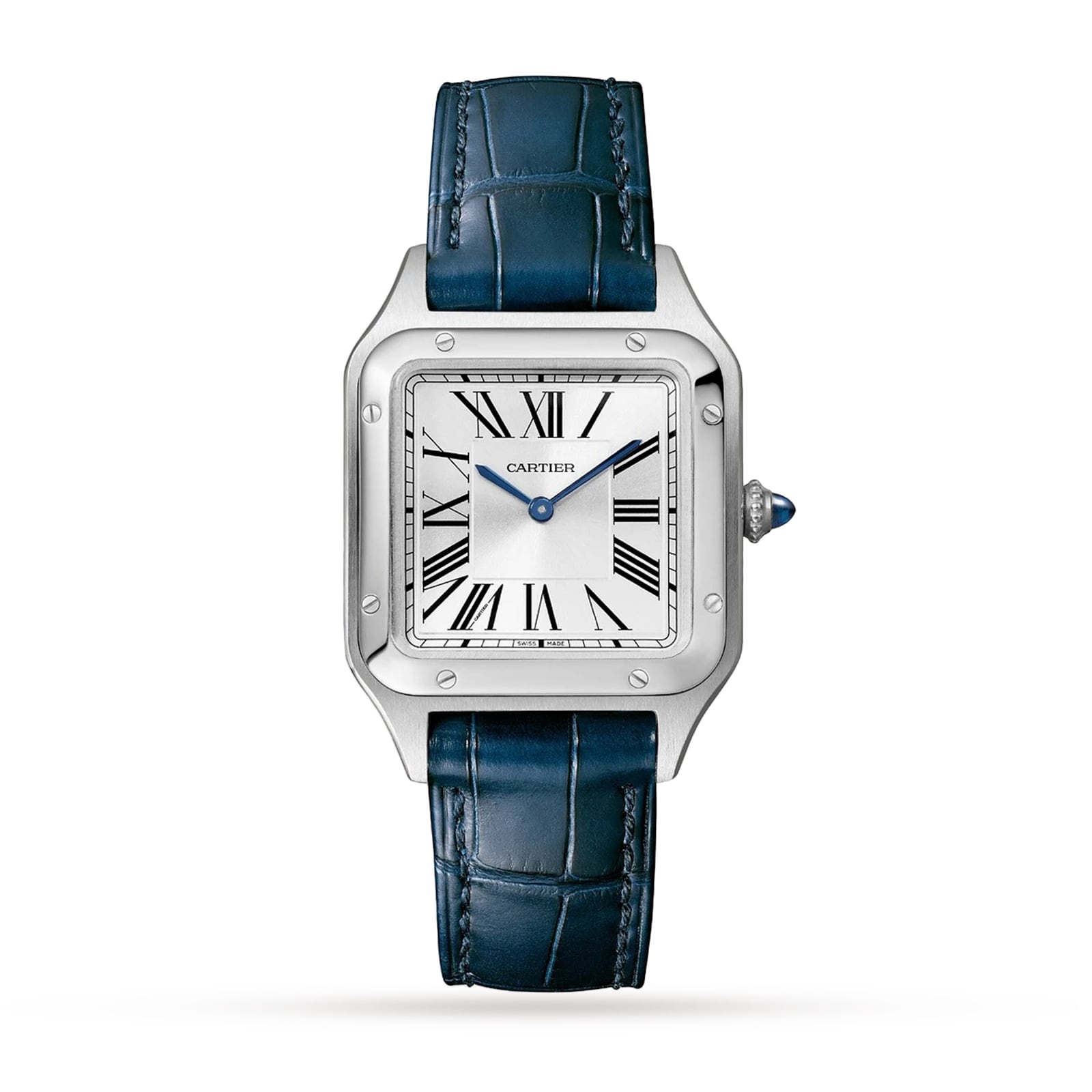 A Cartier Santos-Dumont watch with a square face, white dial, black Roman numerals, blue hands, and a blue leather strap is displayed on a white background.