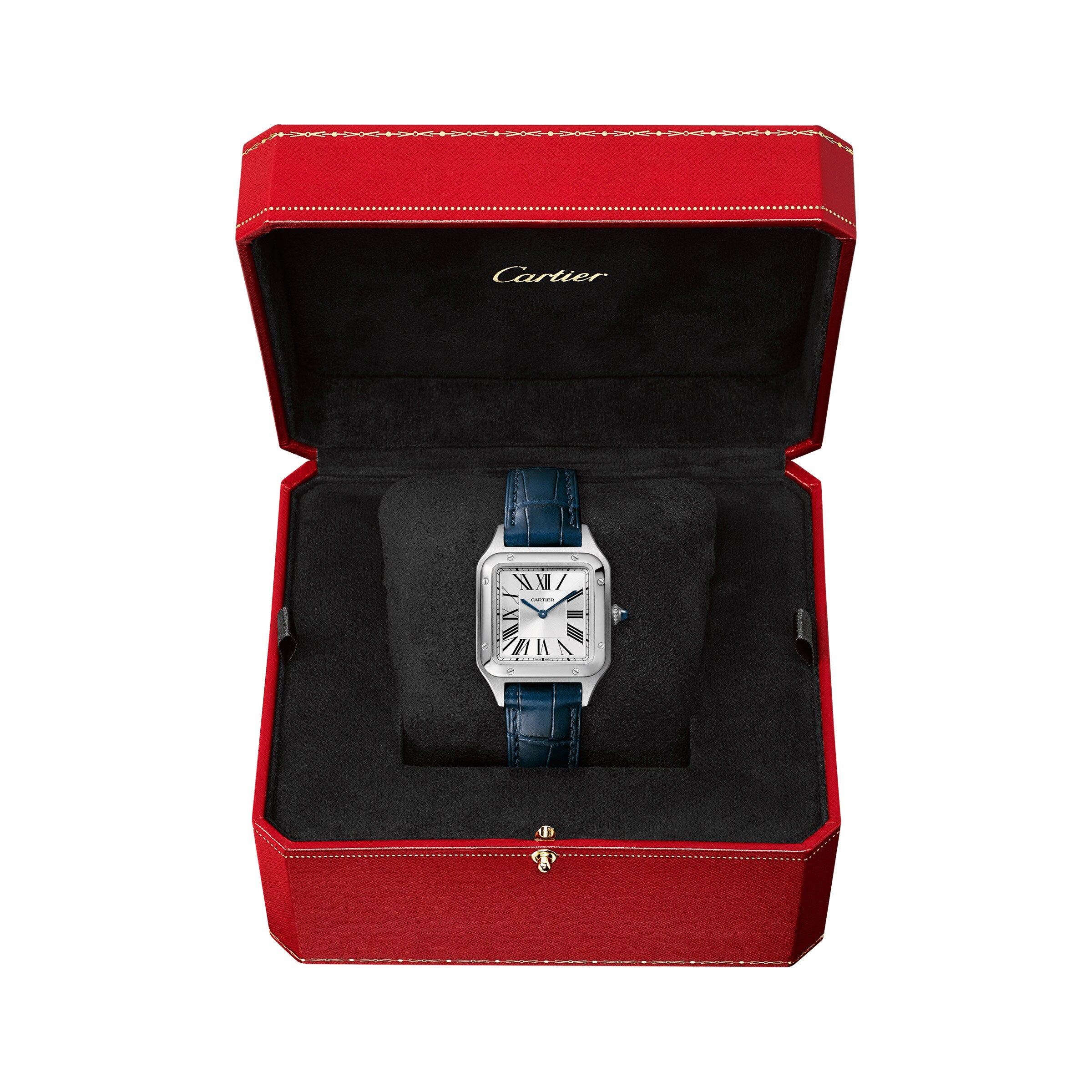 A Cartier Santos-Dumont watch with a blue leather strap and rectangular face is shown in an open red Cartier box lined with black velvet.